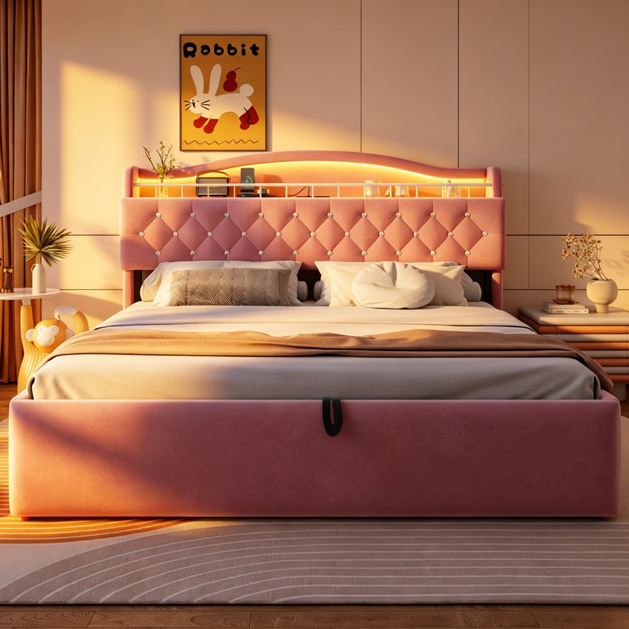 Lit coffre 180x200 en velours rose, structure métallique et sommier à lattes, avec LED et USB