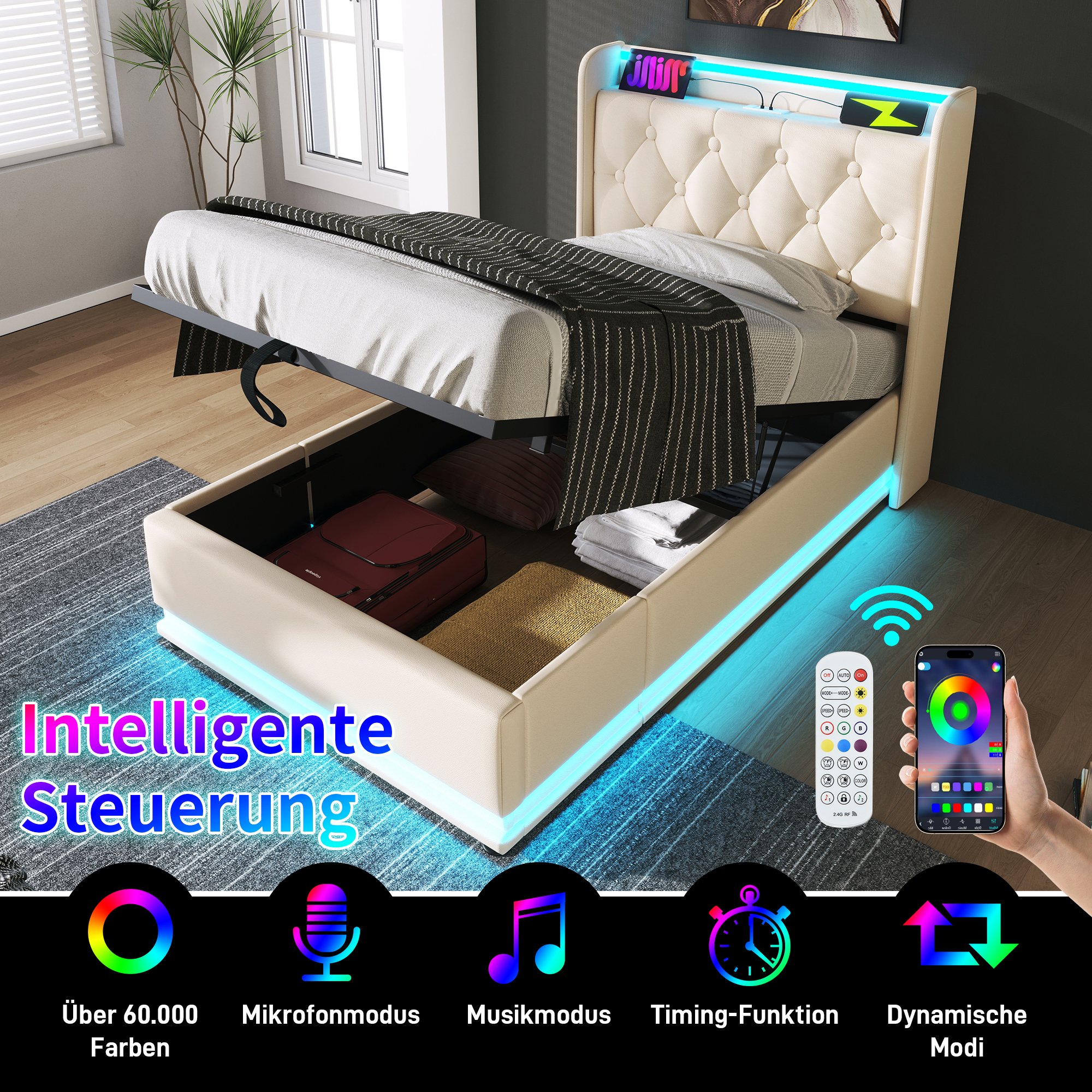 Lit coffre 90x200 blanc LED 360° avec matelas, rangement hydraulique et USB Type-C