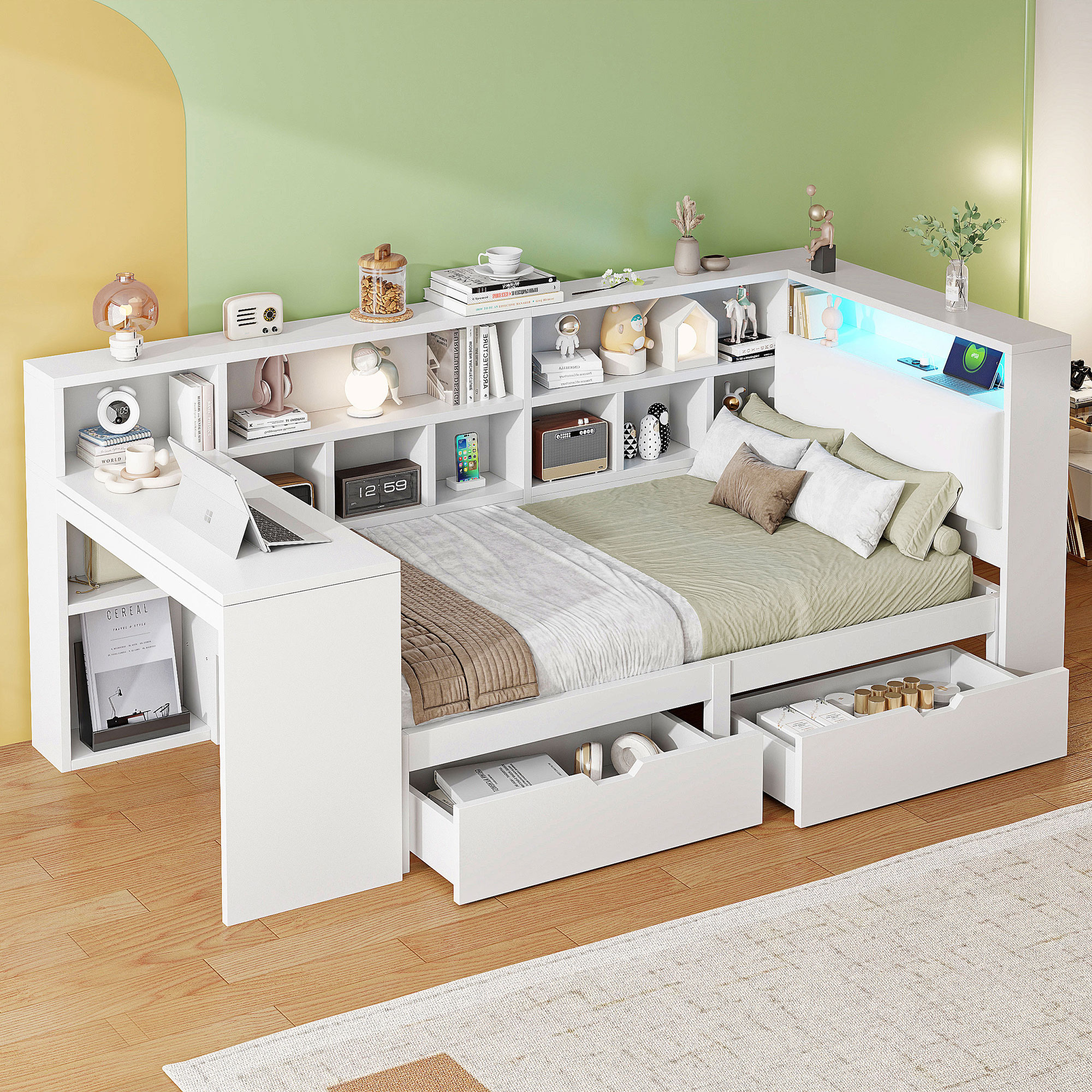 Lit mezzanine 90x200 en bois blanc avec bureau, bibliothèque et rangements, tête de lit rembourrée et LED