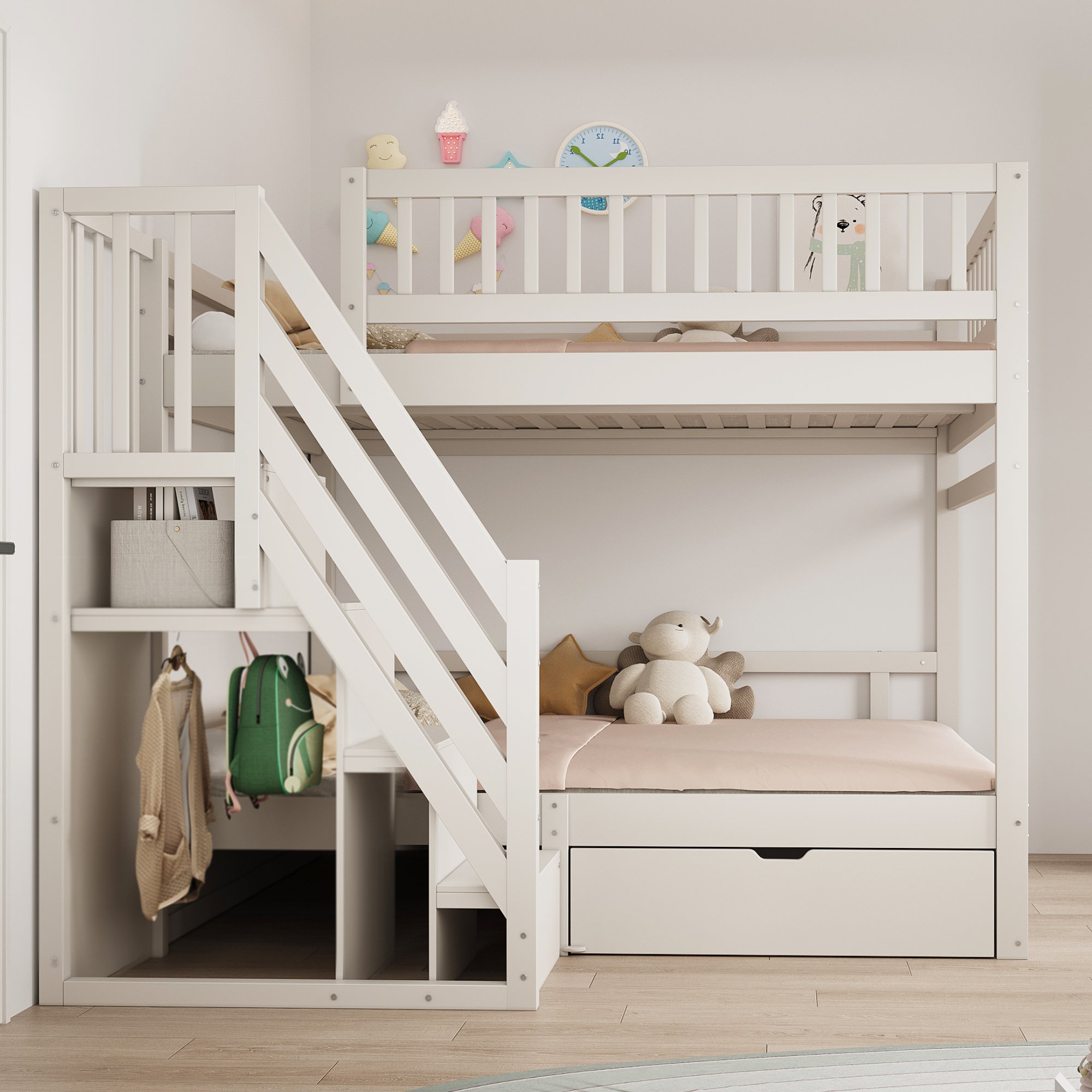 Lit superposé 140x200 avec rangement, échelle sécurisée et tiroirs, en bois massif blanc
