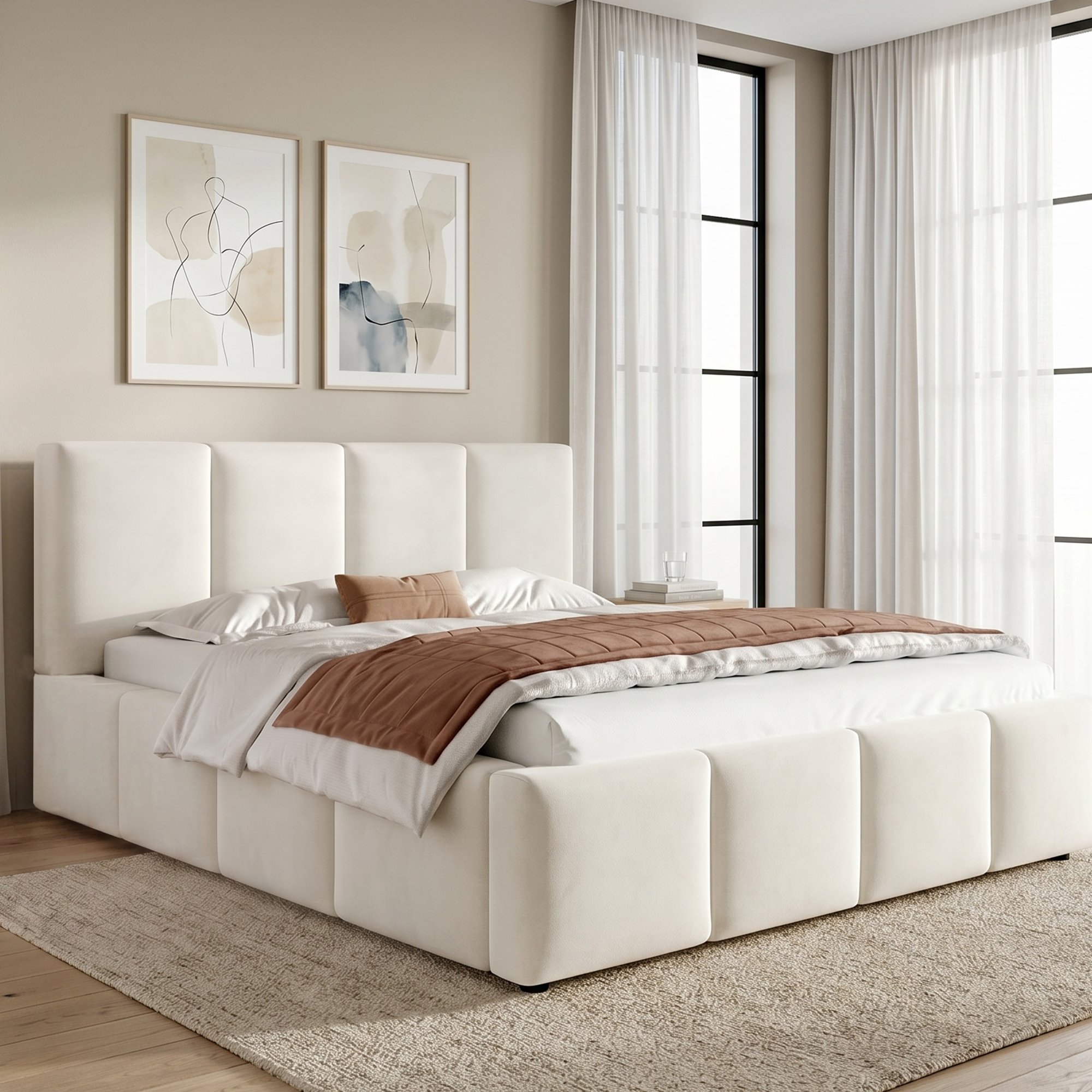 Lit capitonné 180x200 beige en velours chenille doux et résistant, design minimaliste avec rayures verticales et cadre stable