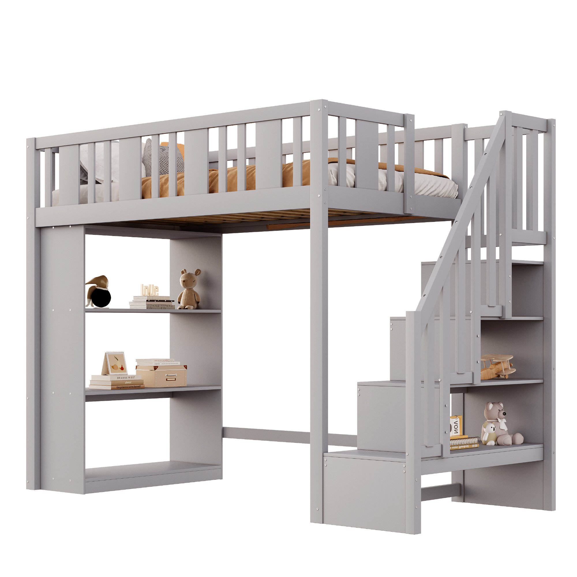 Lit mezzanine 90x200 cm en pin massif gris avec rangements et échelle de sécurité
