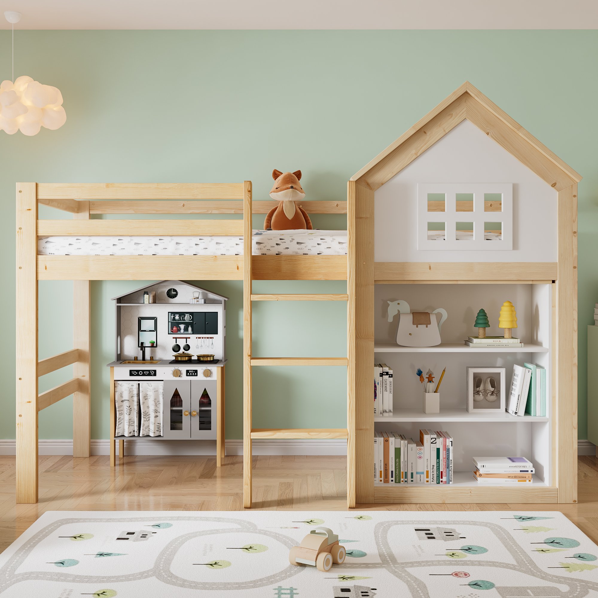 Lit mezzanine 90x200 avec rangements, échelle et barrière de sécurité, blanc et naturel
