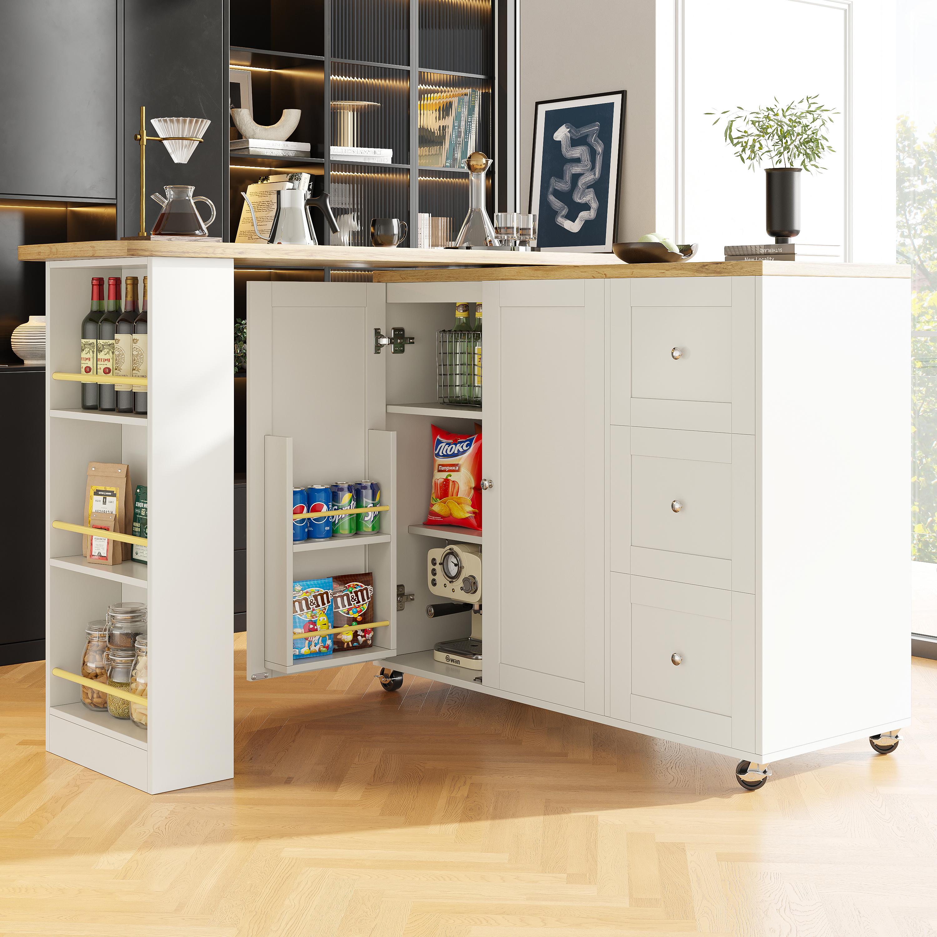 Îlot de cuisine blanc sur roulettes avec rangement, extensible 360°, 3 tiroirs, porte-snacks, en Panneau composite de fibres de bois à densité, pour cuisine et salon