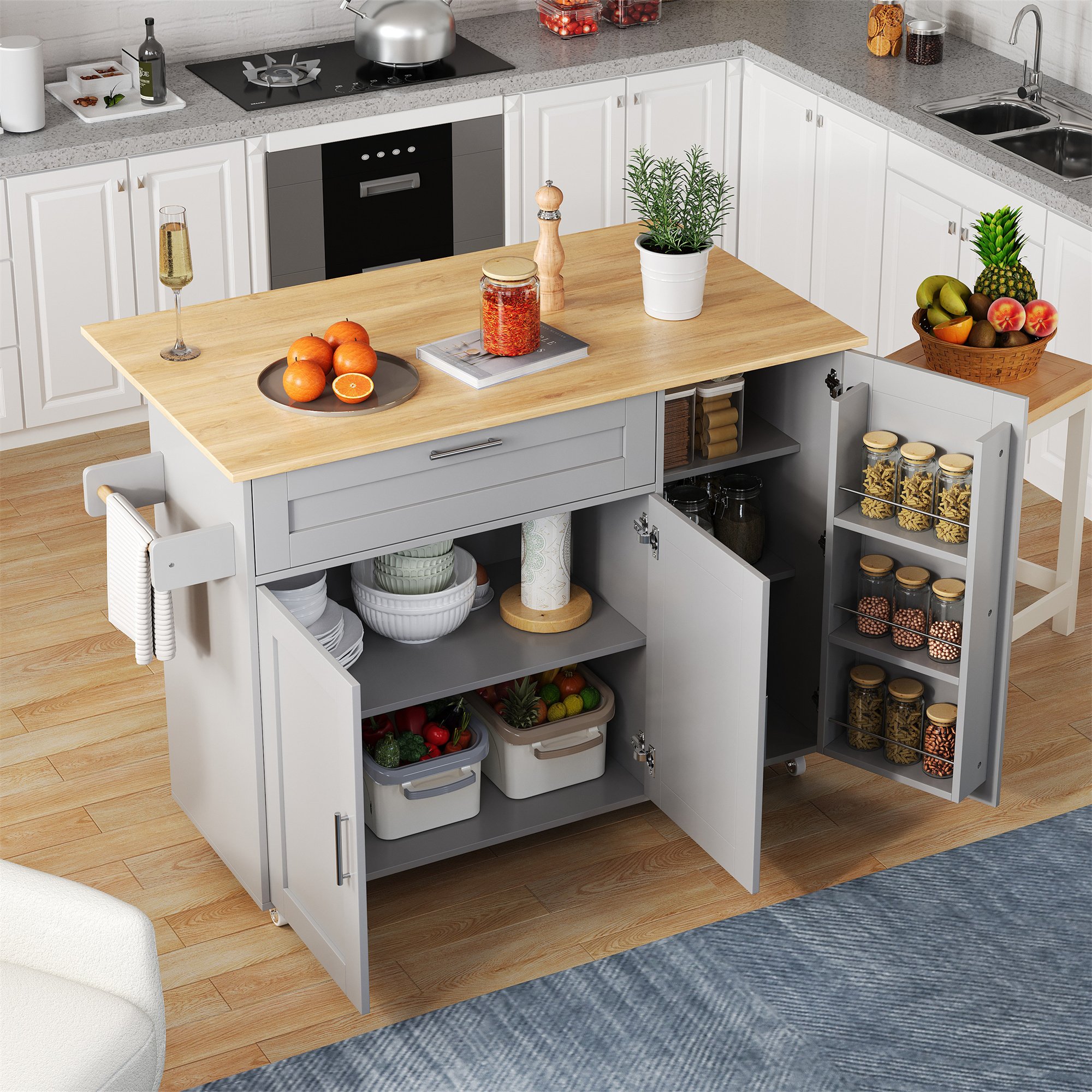 Îlot de cuisine sur roulettes avec plan extensible, rangement spacieux, porte-serviettes, gris, 132,5x44(70)x90 cm