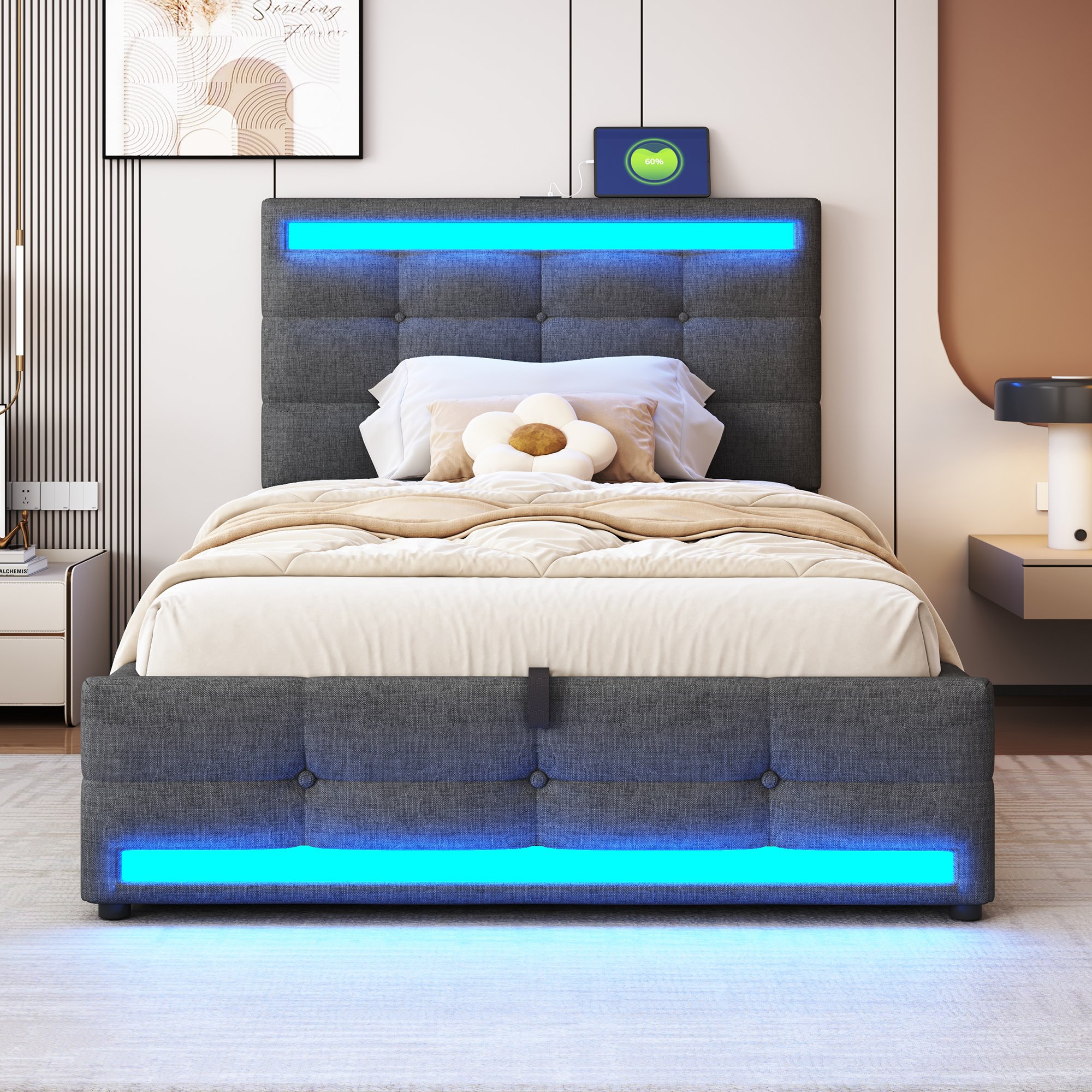 Lit coffre 90x200 avec rangement hydraulique, LED RGB et USB, tête de lit réglable pour un confort optimal