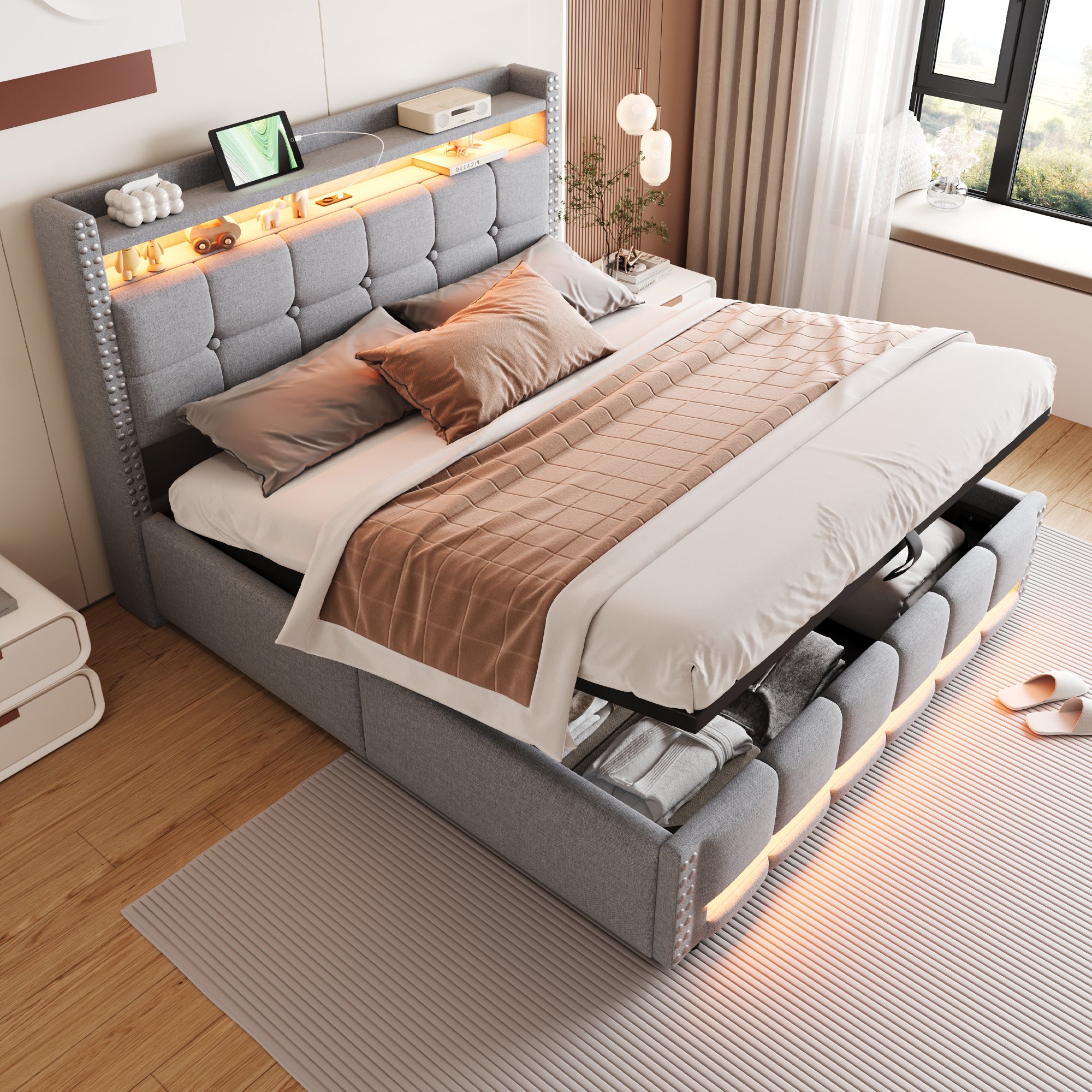 Lit coffre 160x200 avec LED et USB, en lin gris clair, rangement hydraulique