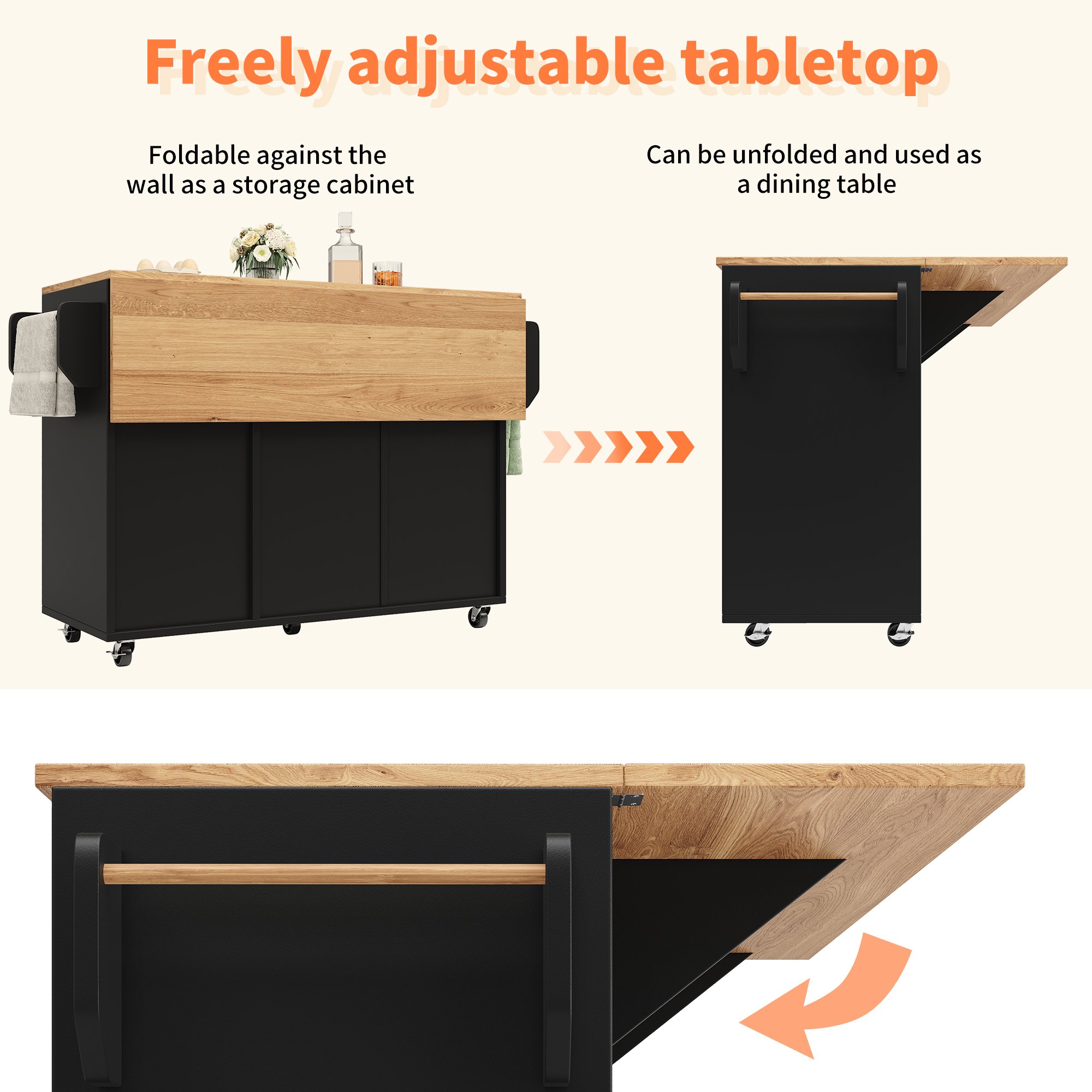 Îlot de cuisine multifonction avec rangement, table escamotable et 5 roulettes, noir, 120x43x92 cm, étagères et tiroirs