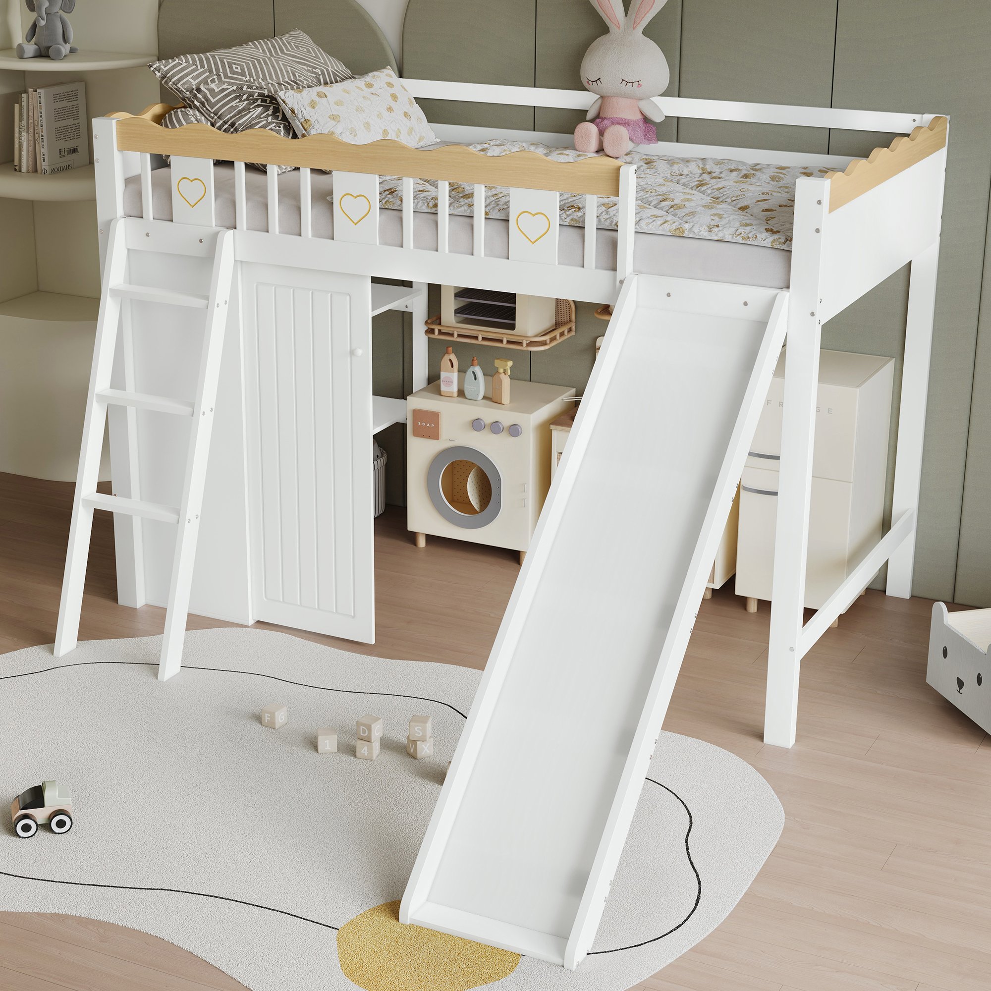 Lit mezzanine enfant 90x200 avec toboggan, rangements et barrière de sécurité, blanc et naturel