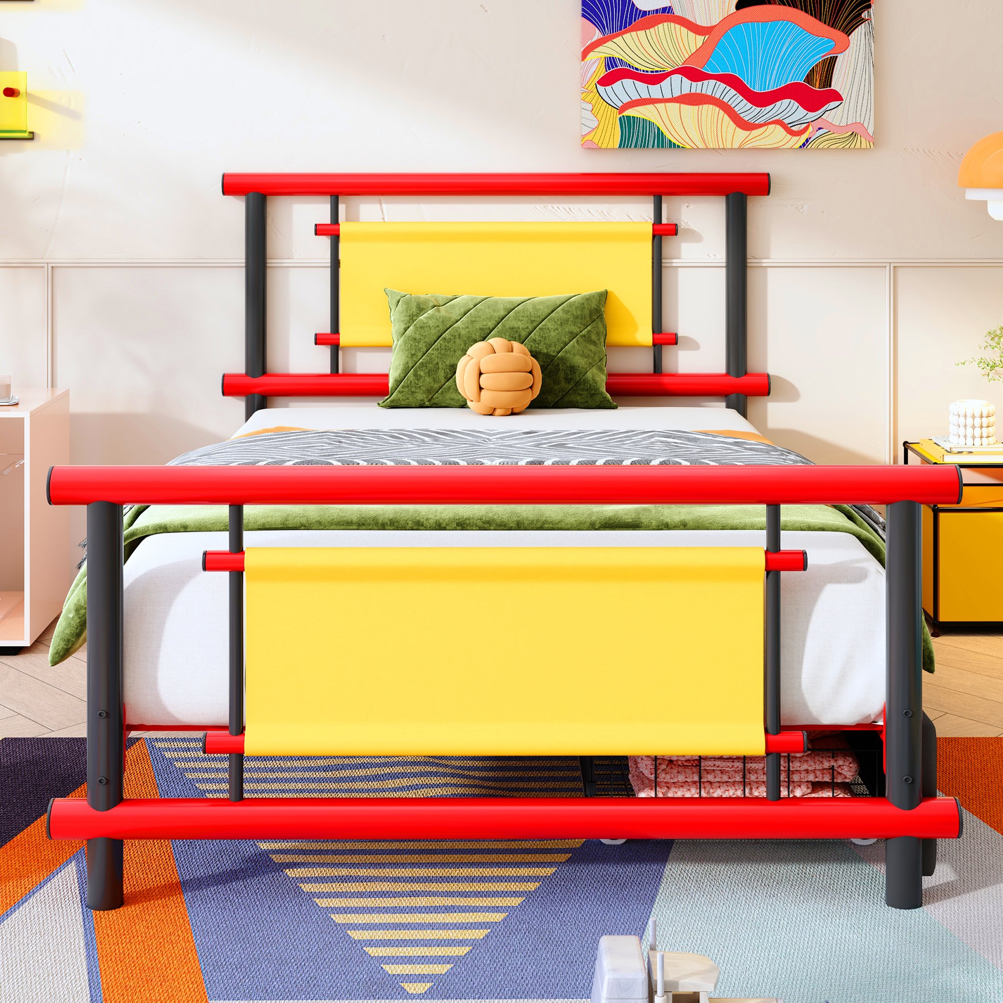 Lit enfant métal 90x200 rouge avec tiroirs, lit simple pour garçon et fille, rangement intégré