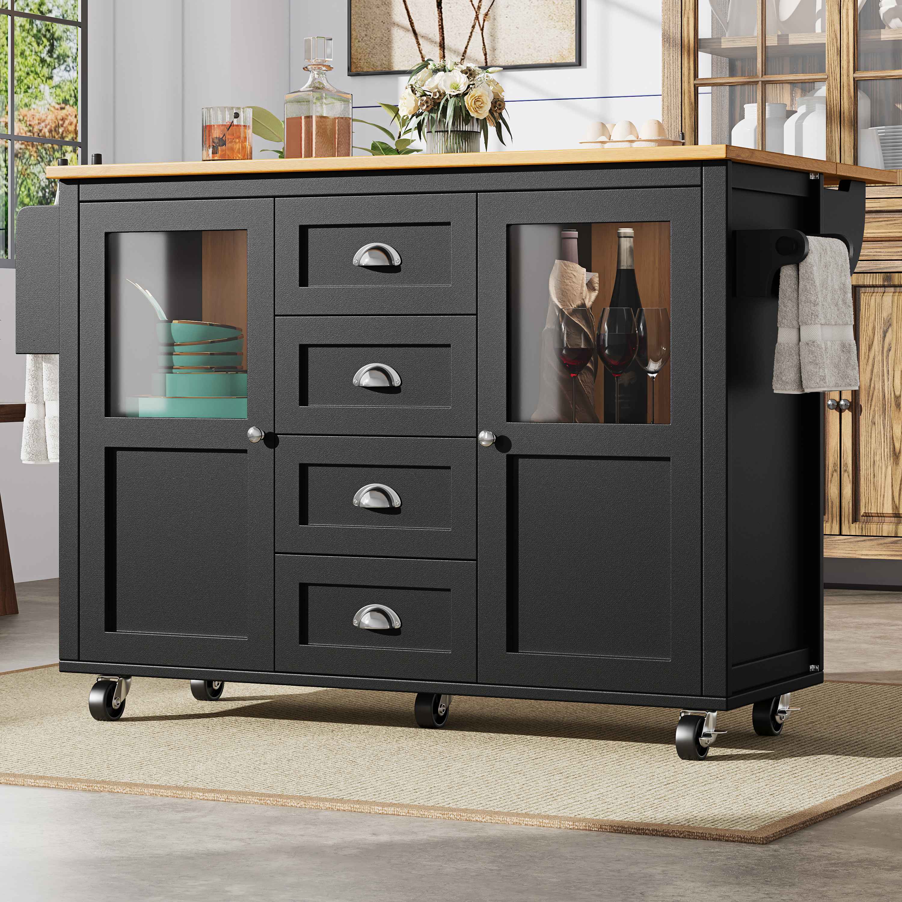 Îlot de cuisine blanc et noir avec rangement, table pliante, 4 tiroirs, étagères à épices, porte-serviettes, roulettes 360°, 137,9x73x92,5 cm