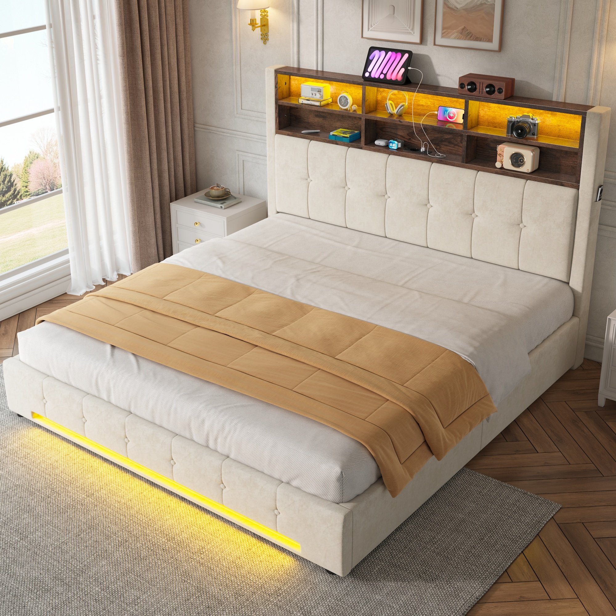 Lit coffre 180x200 en velours beige sur structure métallique, avec rangement hydraulique et tête de lit rembourrée