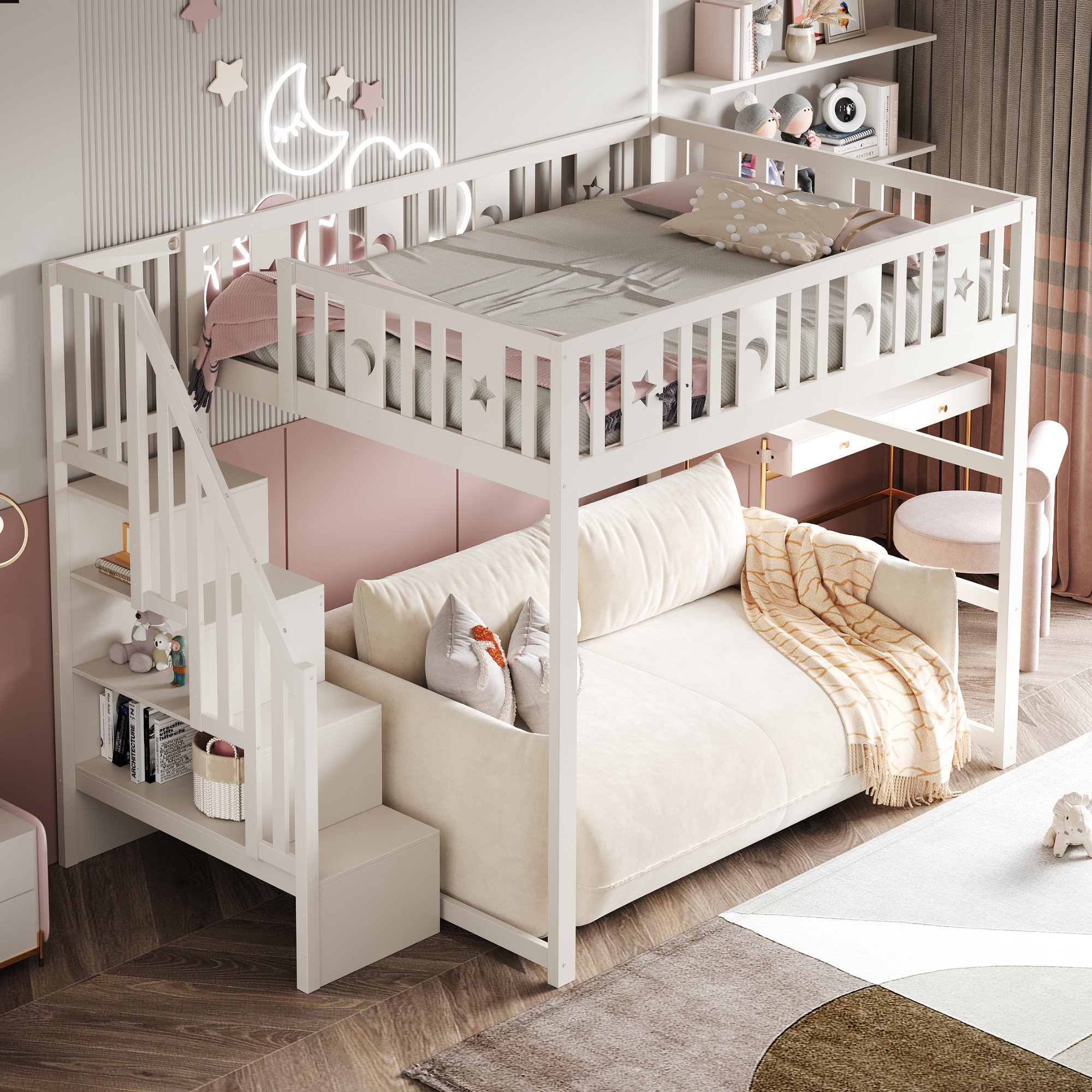 Lit superposé enfant 140x200 avec escalier et rangement, bois massif blanc, sécurité