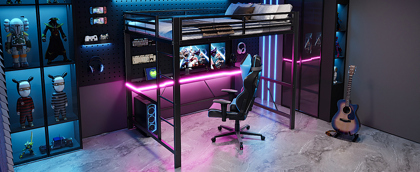 Lit mezzanine 140x200 en métal noir avec bureau intégré, LED et USB