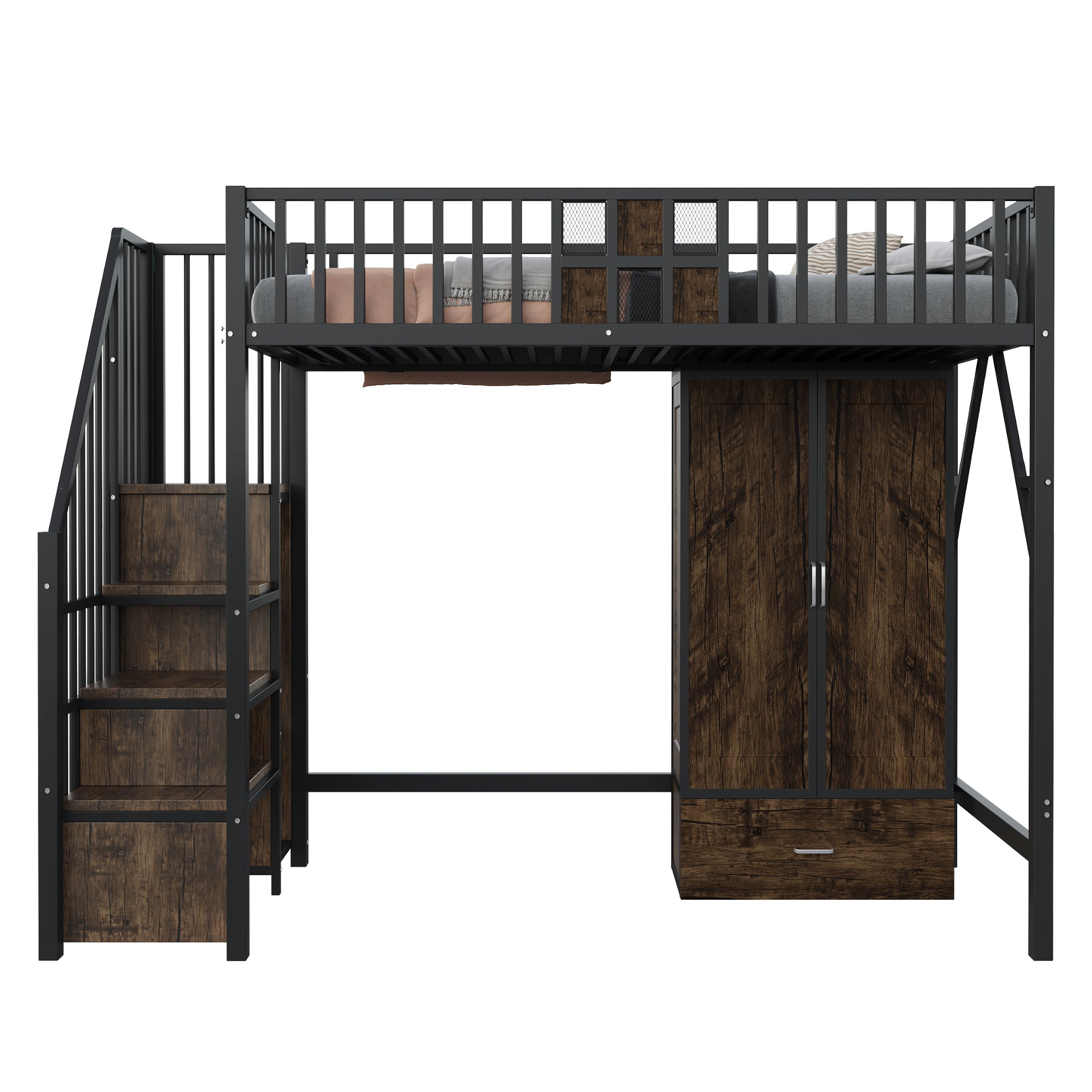 Lit mezzanine 90x200 avec échelle de rangement et armoire intégrée, adulte, métal et bois, noir