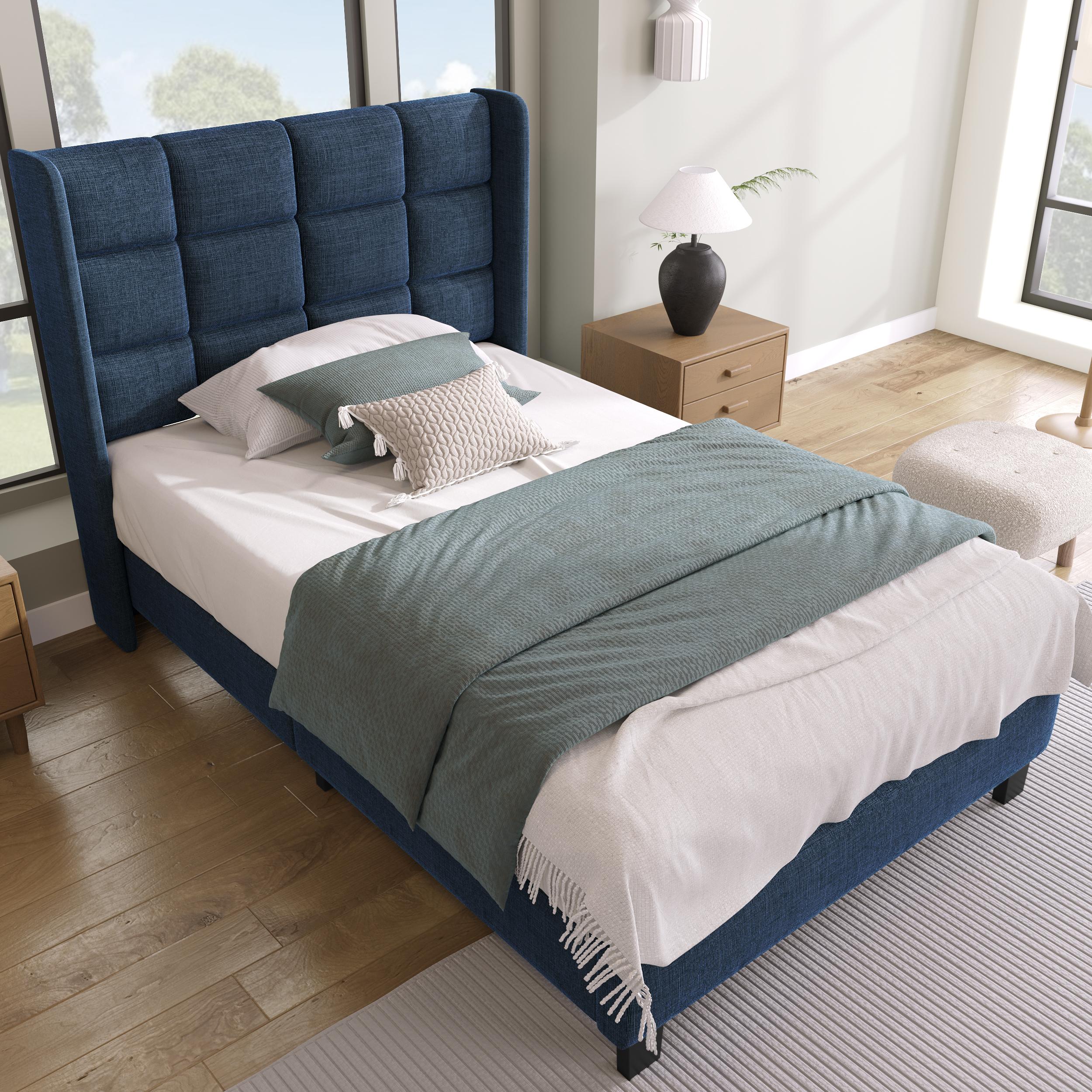 Lit rembourré 90x200 bleu lin avec tête de lit haute et sommier à lattes, design contemporain