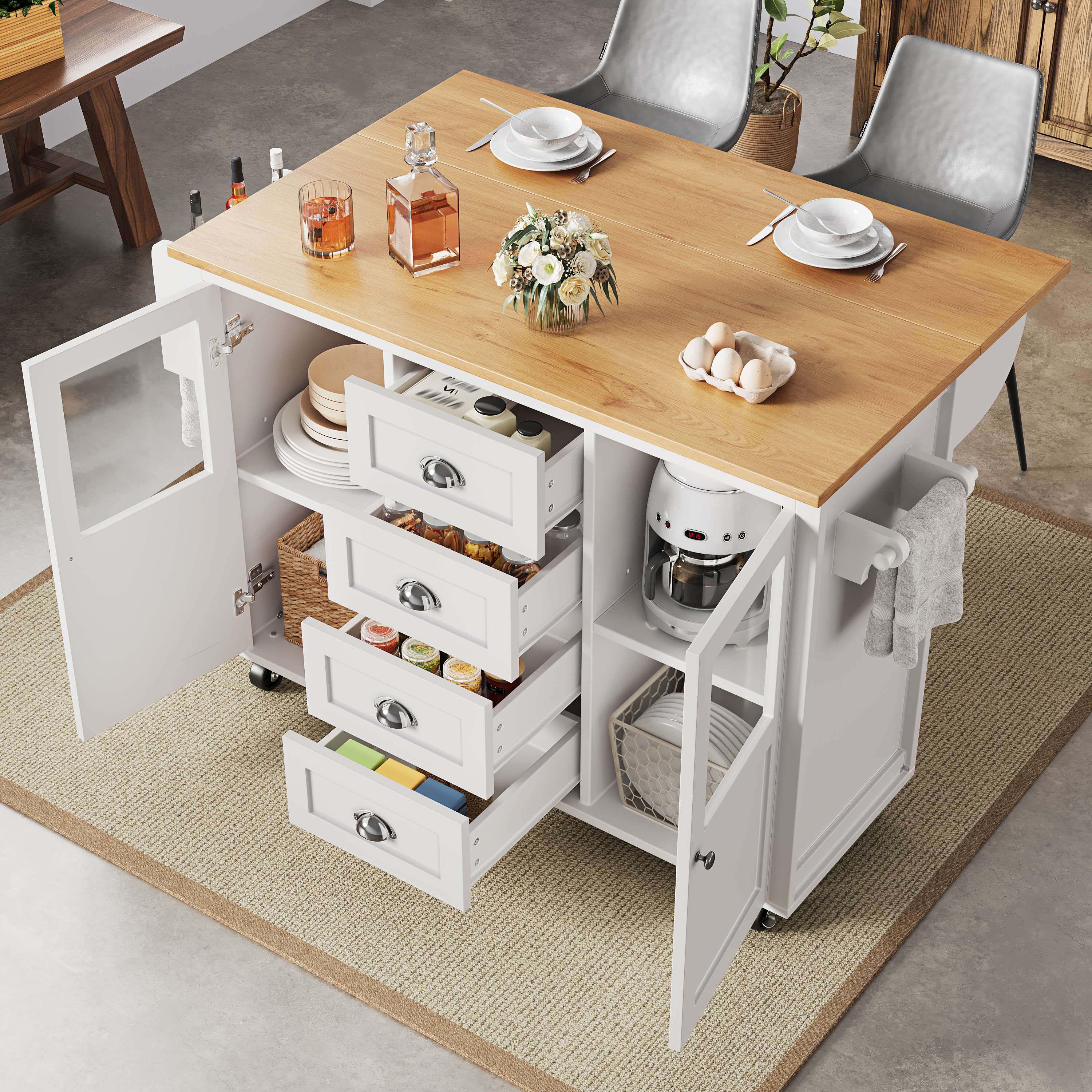 Îlot de cuisine blanc avec rangement, plan rabattable, 4 tiroirs, étagères, roulettes 360°, Panneau composite de fibres de bois à densité et métal, 137,9x73x92,5 cm