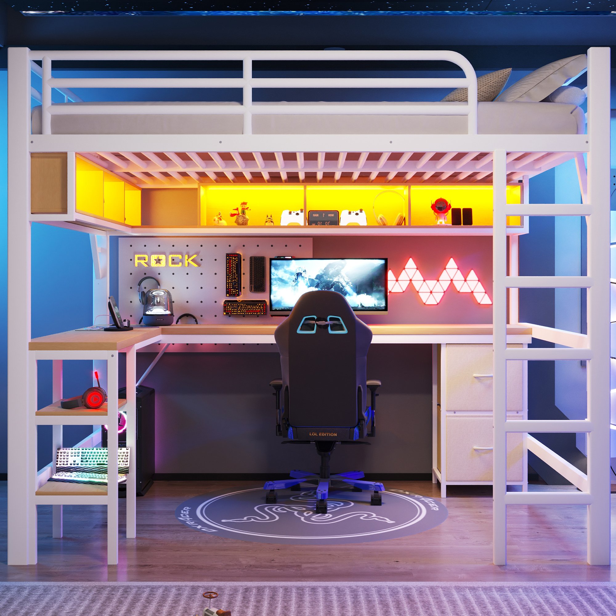 Lit mezzanine 140x200 en métal blanc avec bureau, rangements, LED et USB
