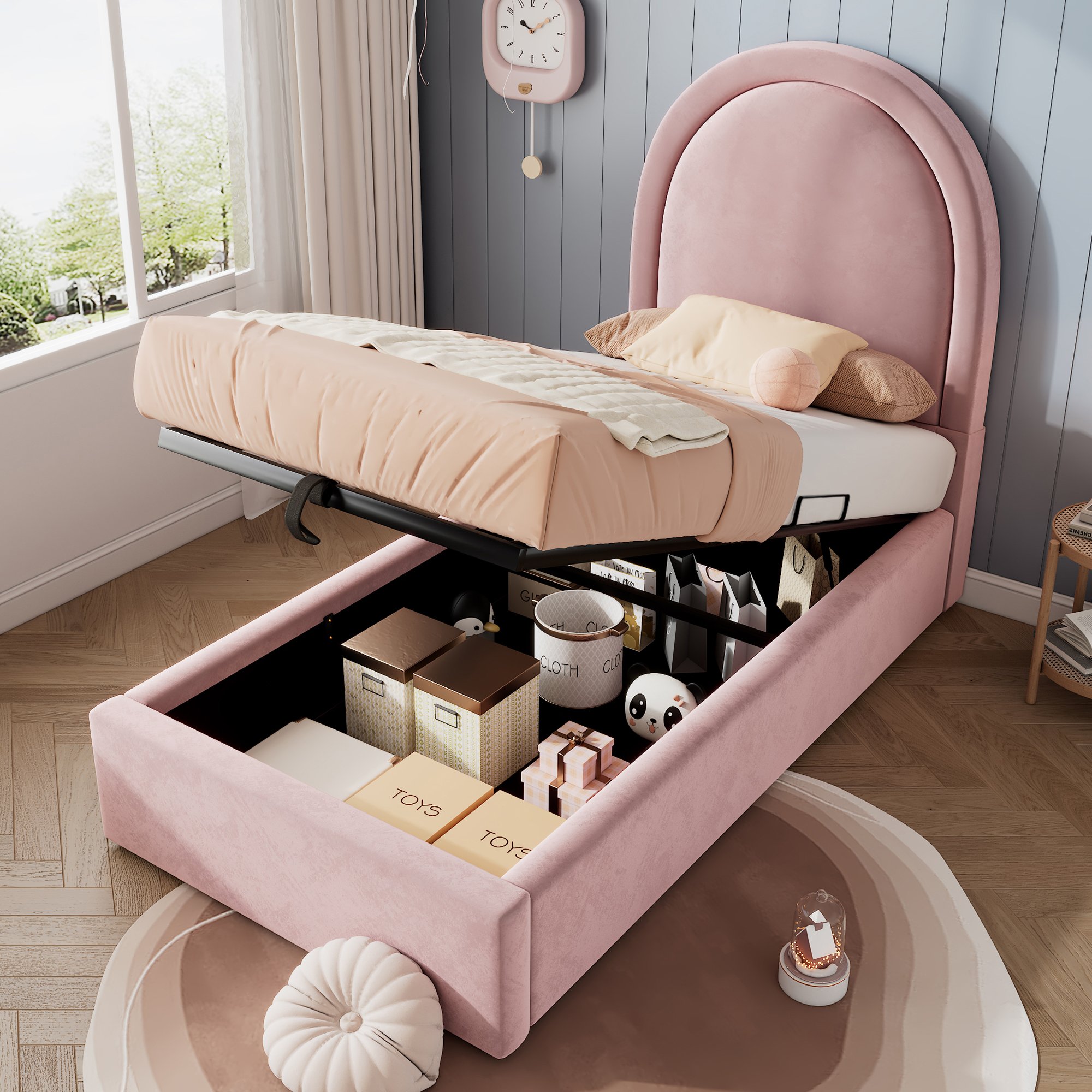 lit coffre simple 90x200 en velours rose avec rangement hydraulique, sommier à lattes et protection anti-poussière