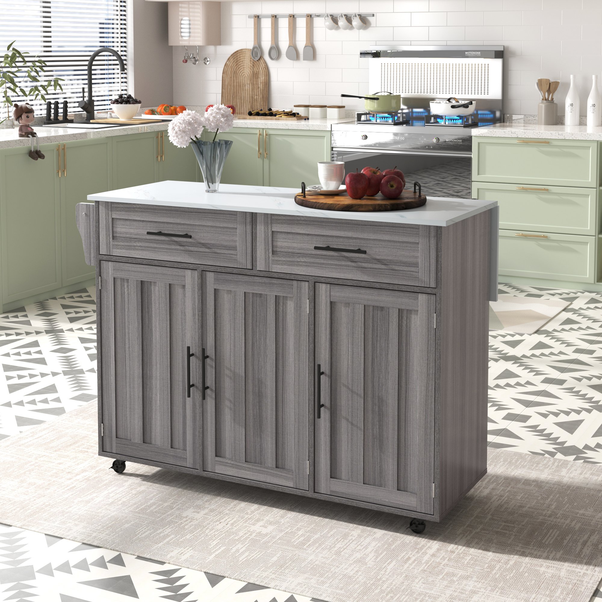 Îlot de cuisine sur roulettes avec plateau extensible, rangements et porte-serviette, idéal pour petite cuisine, 129x46x91,5 cm