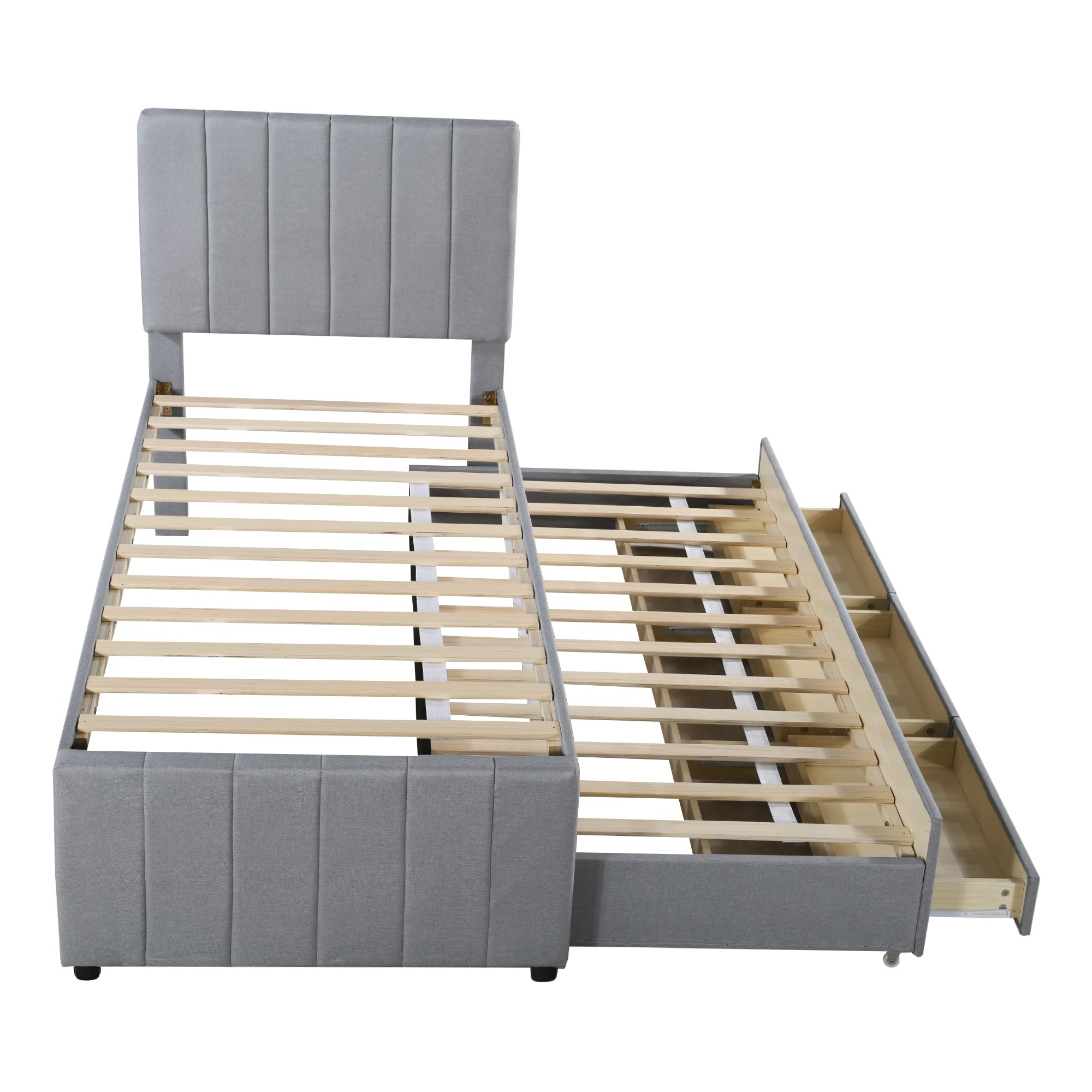 Lit enfant 90x200 cm avec lit escamotable et 3 tiroirs, en lin gris, avec sommier