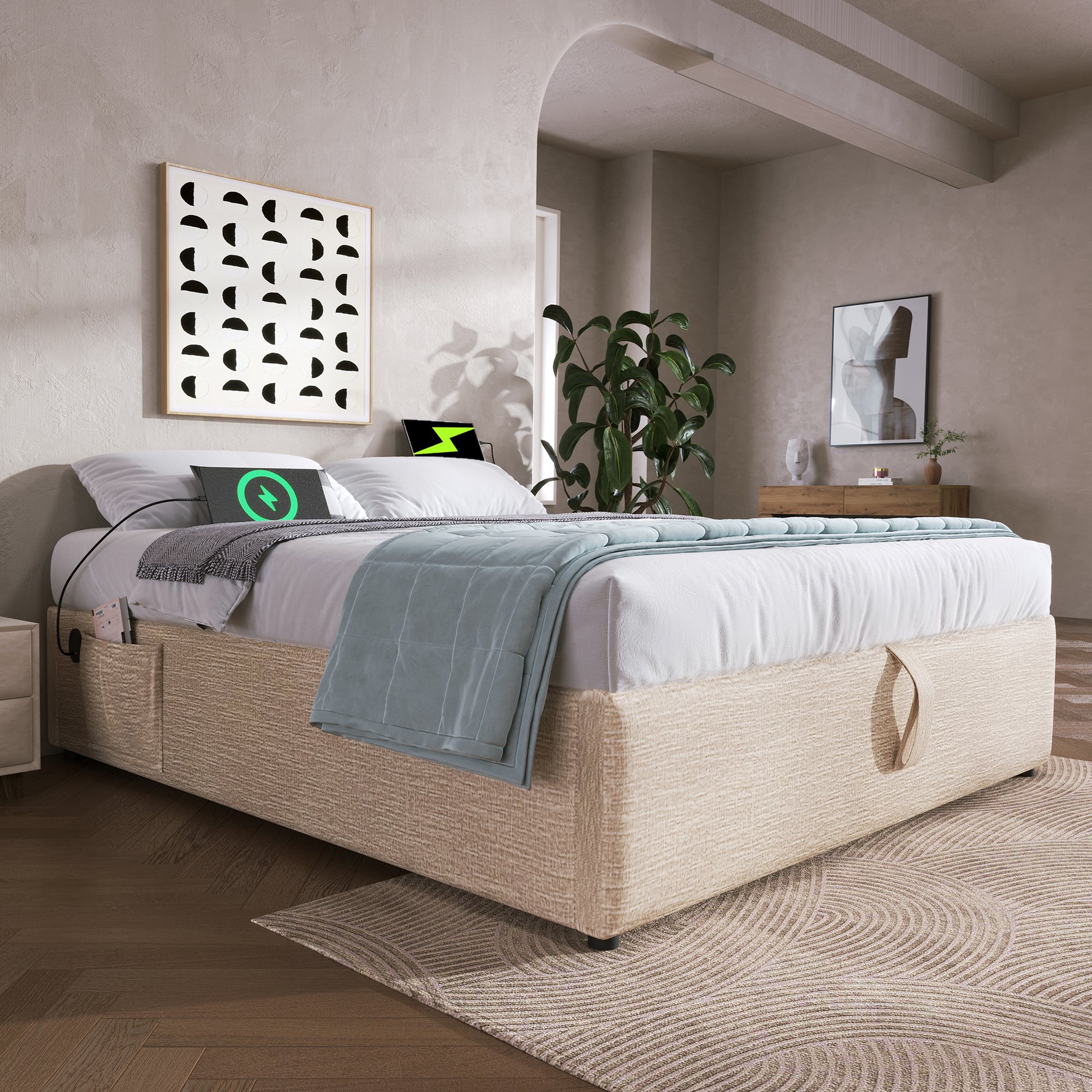 Lit coffre 140x200 avec sommier à lattes, cadre de lit double en lin beige sans tête de lit, rangement hydraulique et USB Type-C
