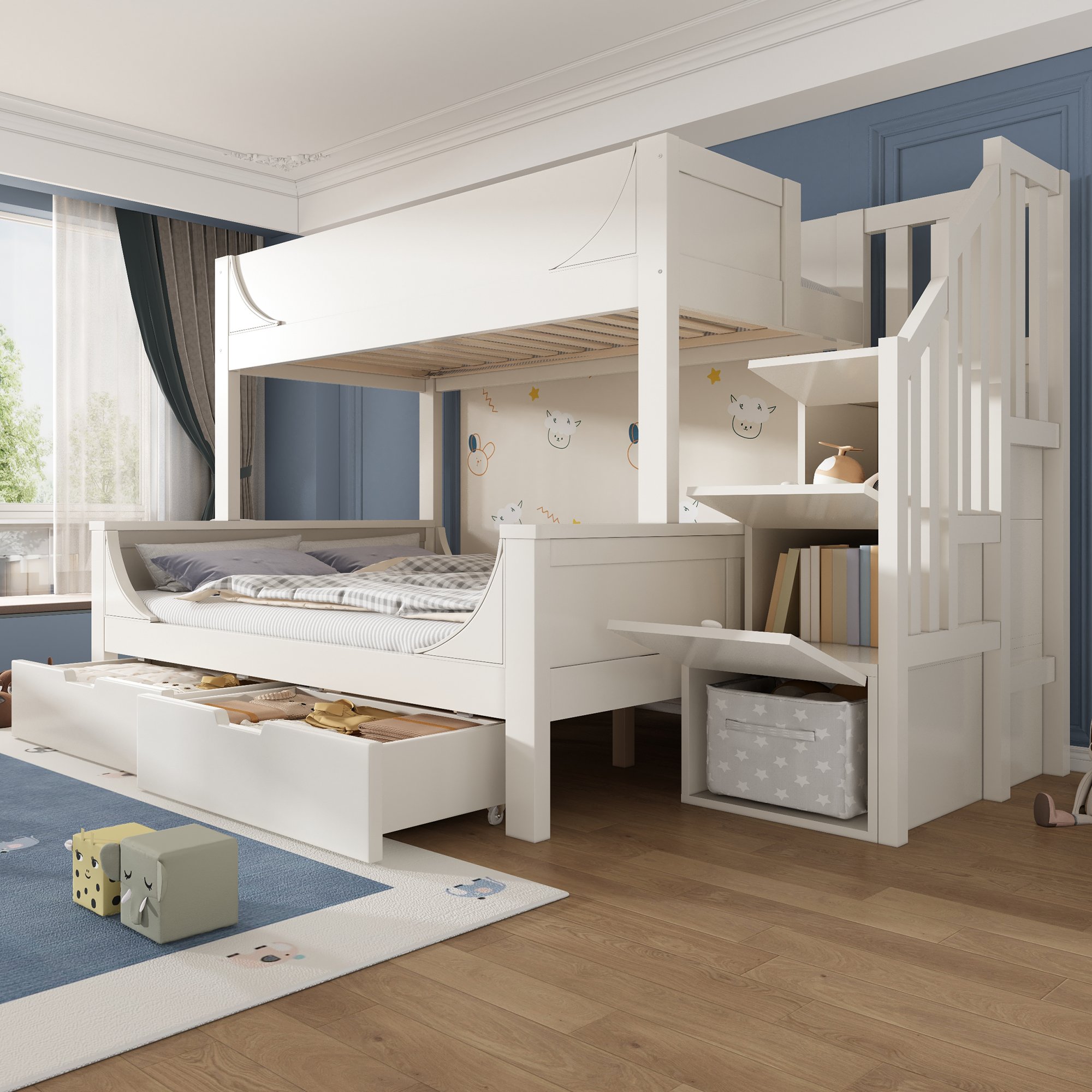 Lit superposé enfant blanc en bois massif et métal avec escalier armoire et tiroirs sous le lit double 90x200 et 140x200 cm