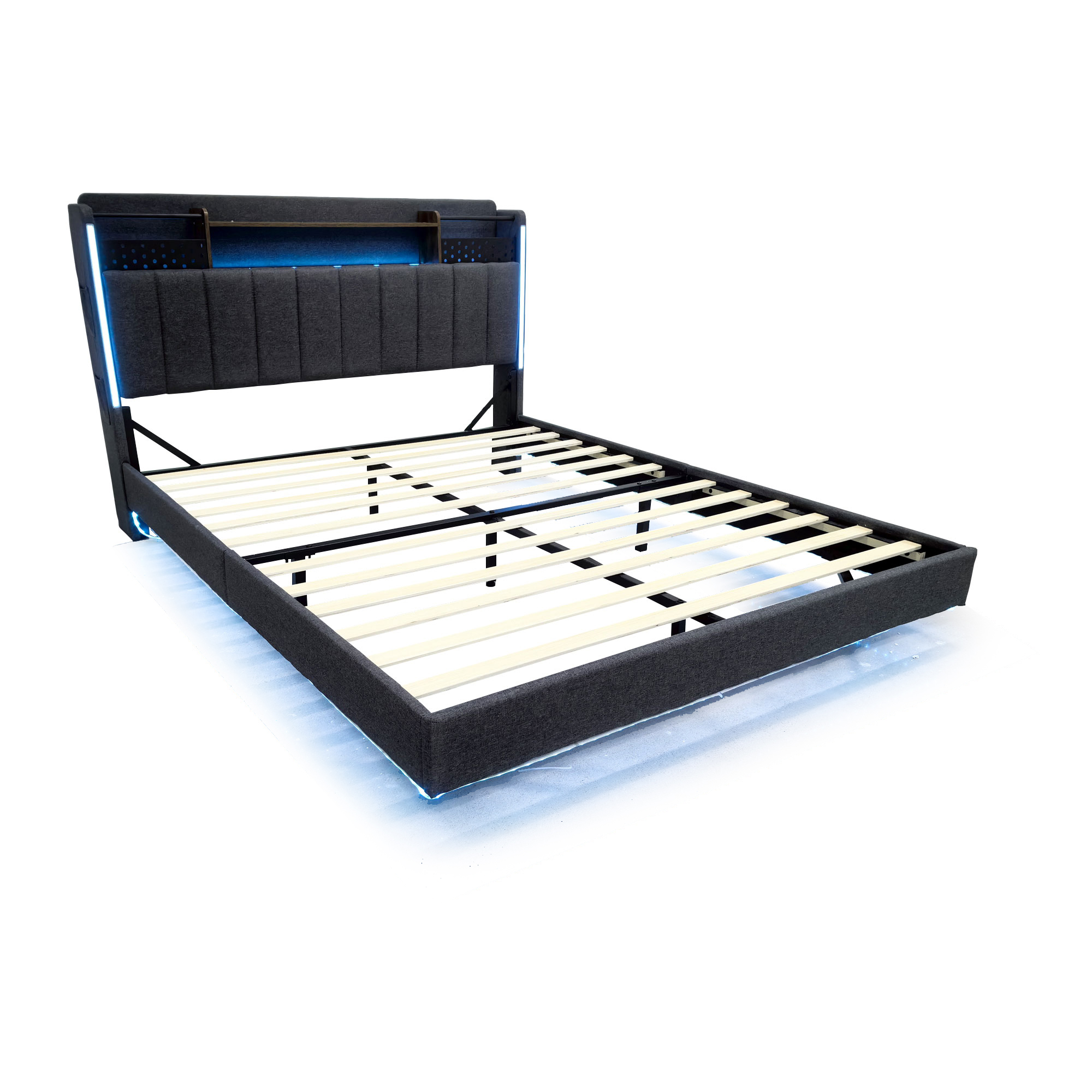Lit coffre 140x200 avec tête de lit escamotable, rangement intégré, LED et port USB