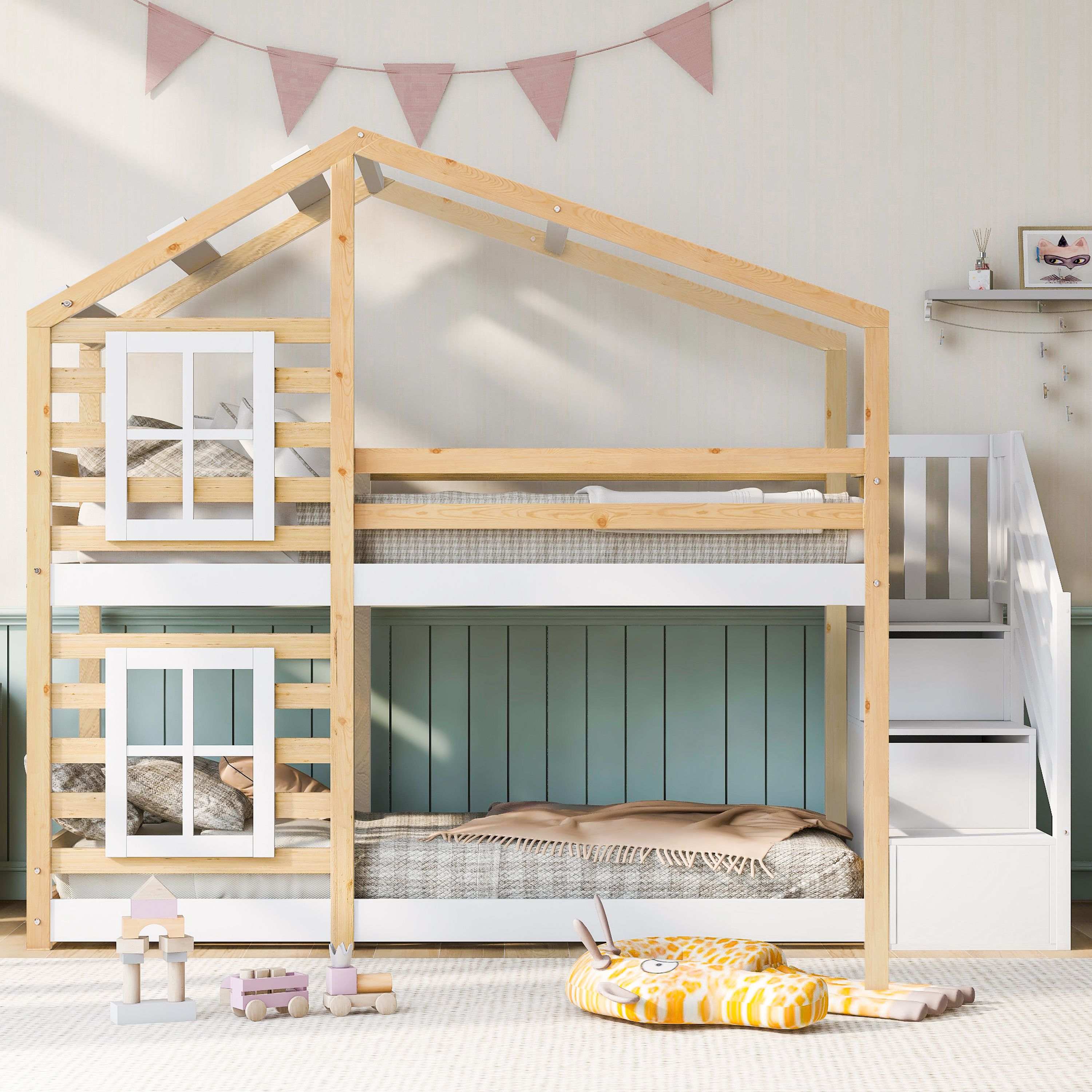 lit superposé enfant 90x200 en pin massif et Panneau composite de fibres de bois à densité blanc avec rangement intégré et échelle de sécurité certifiée EN 747-1
