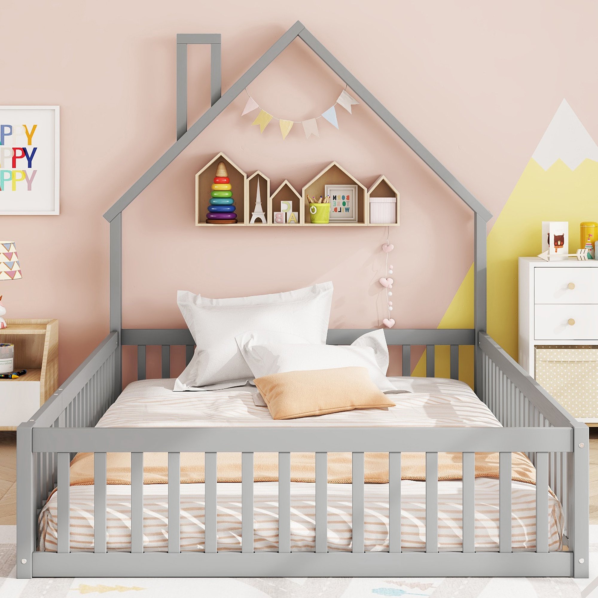 Lit enfant avec barriere de securite 140x190 en pin gris, forme cheminee, sommier inclus