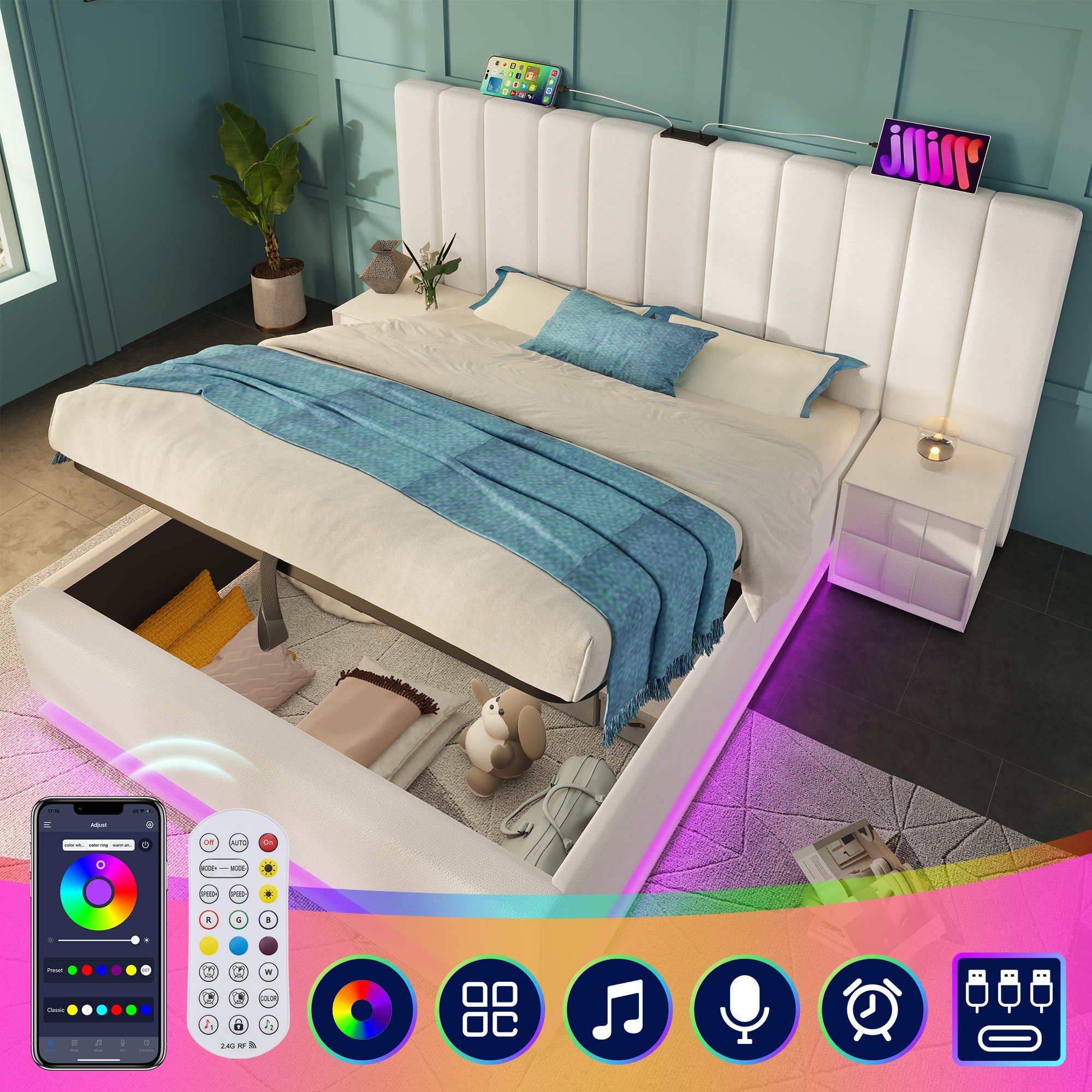 lit coffre 160x200 blanc avec LED, USB-C, rangement hydraulique et sommier à lattes