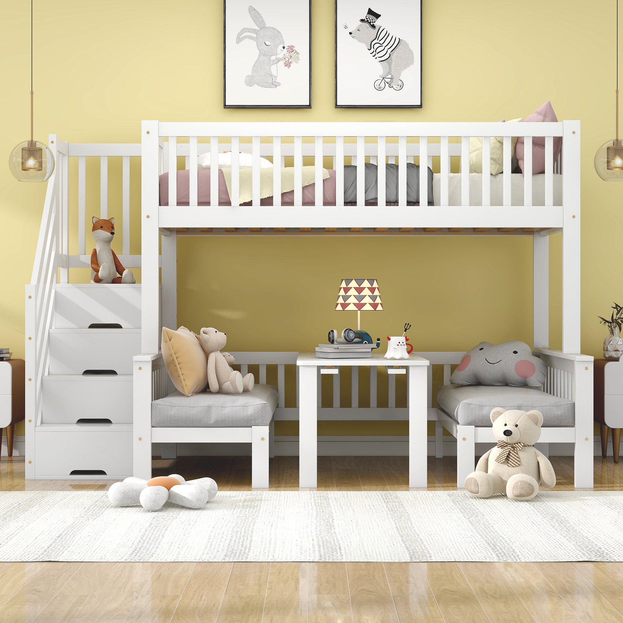 Lit superposé 90x200 et 120x200 blanc avec rangement, table escamotable et garde-corps