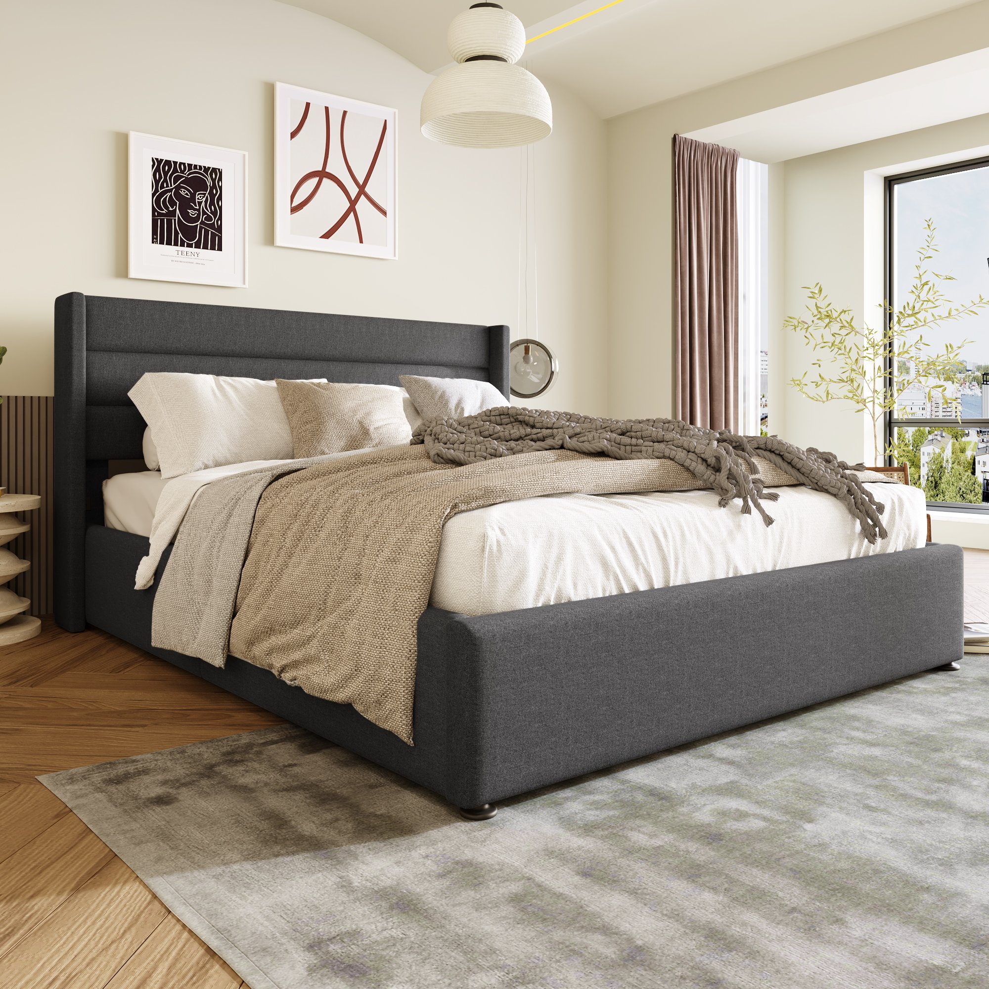 Lit coffre double 180x200 avec ouverture hydraulique et grand espace de rangement sous sommier à lattes gris