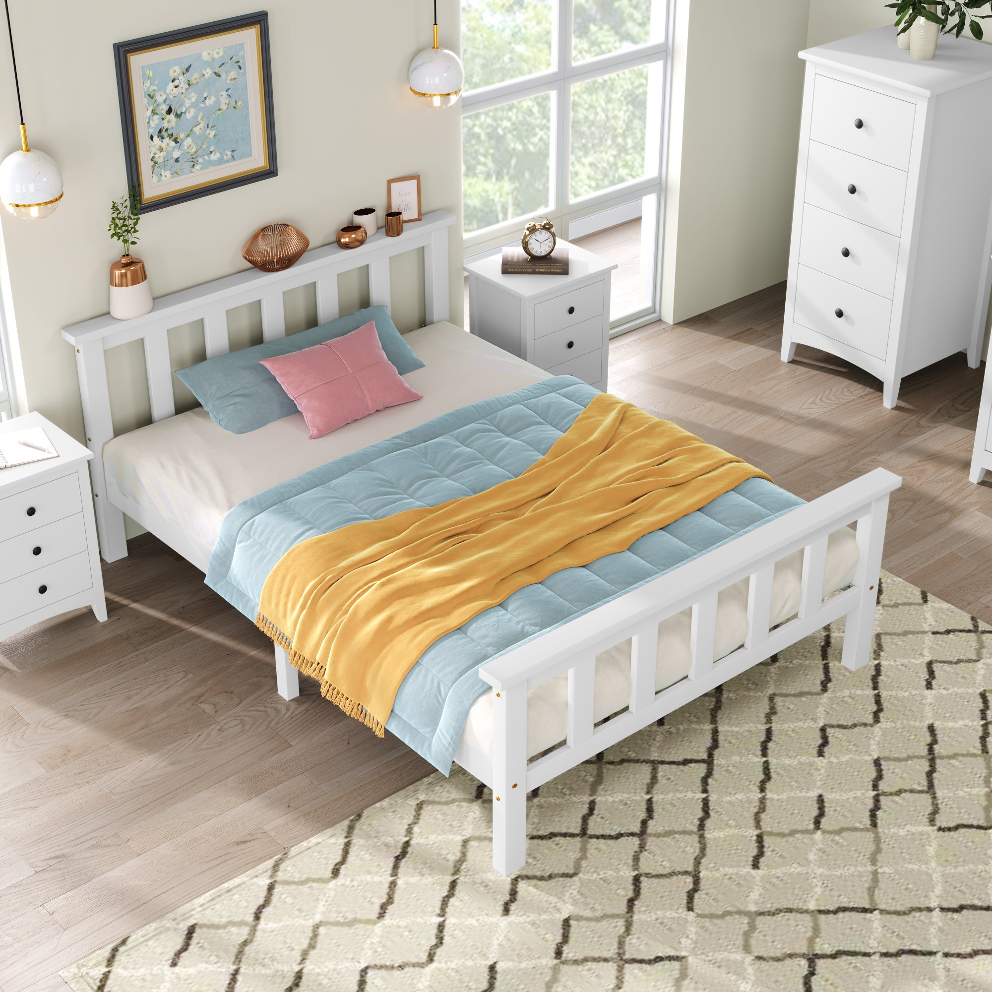 Lit enfant design minimaliste blanc en bois massif avec sommier à lattes, idéal pour chambre ado ou enfant garçon fille