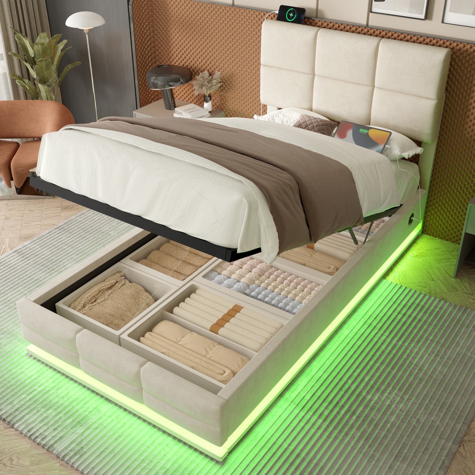 Lit coffre 90x200 en velours beige avec tête de lit réglable, LED, USB et rangement hydraulique