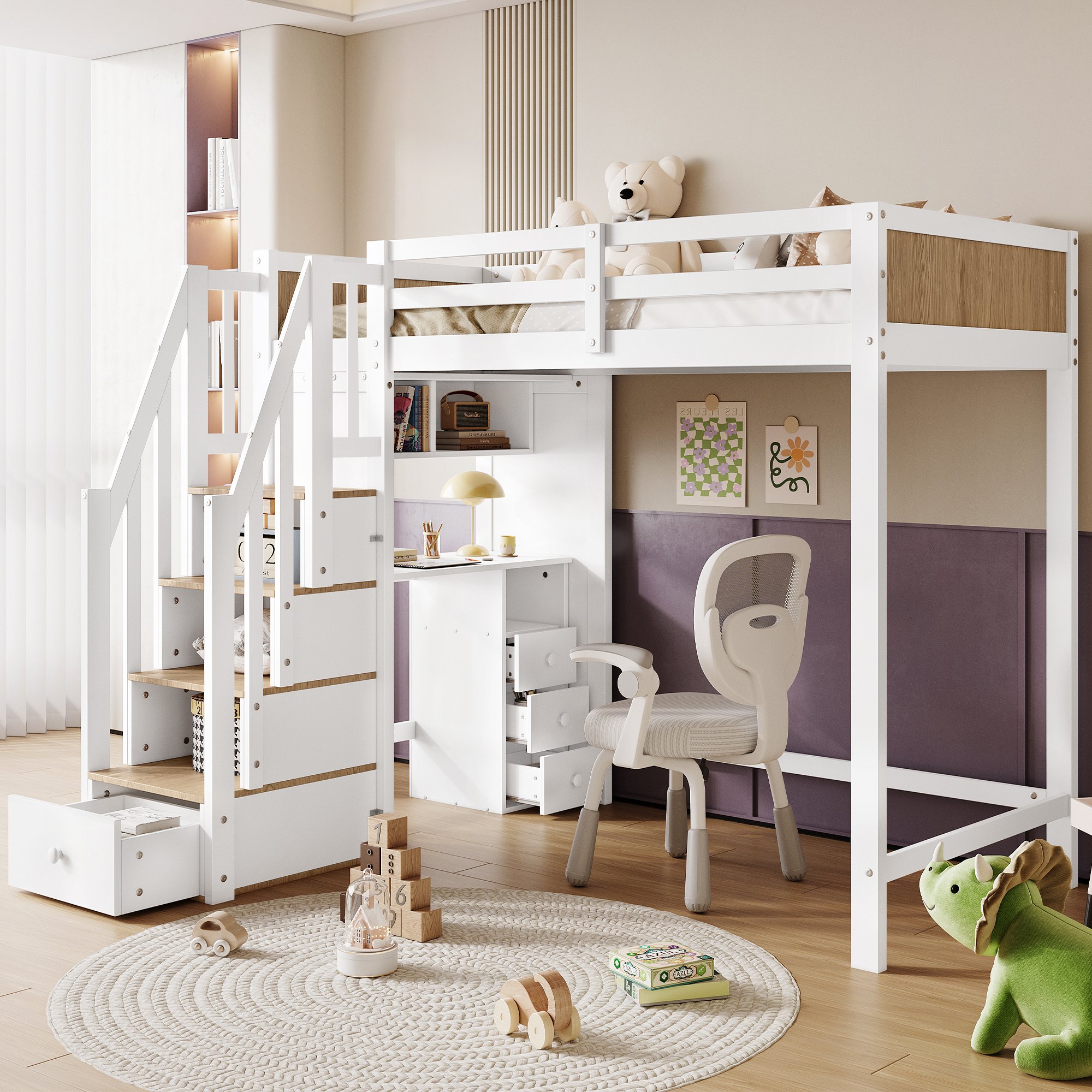 Lit superposé enfant 90x200 en bois blanc et naturel avec bureau, rangements et échelle