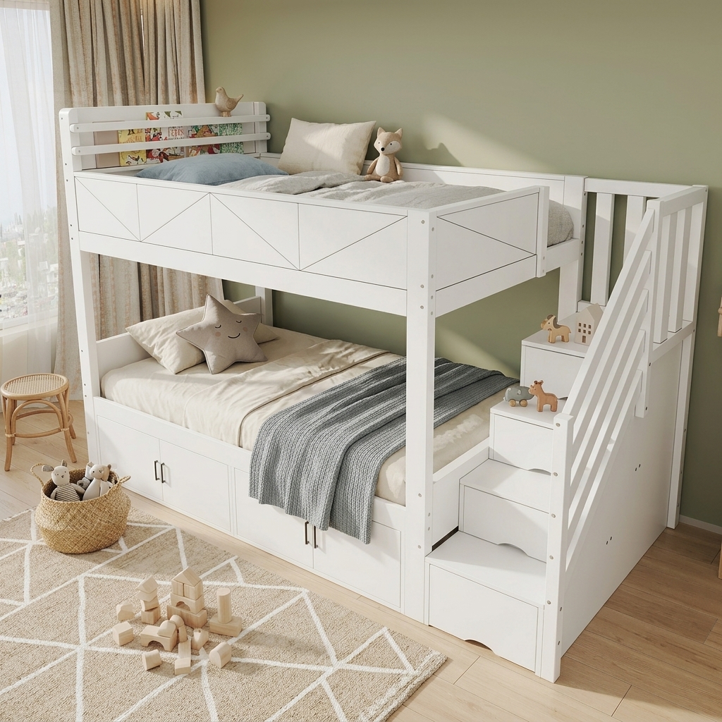 Lit superposé avec rangement intégré et échelle de stockage, couchage 90x200