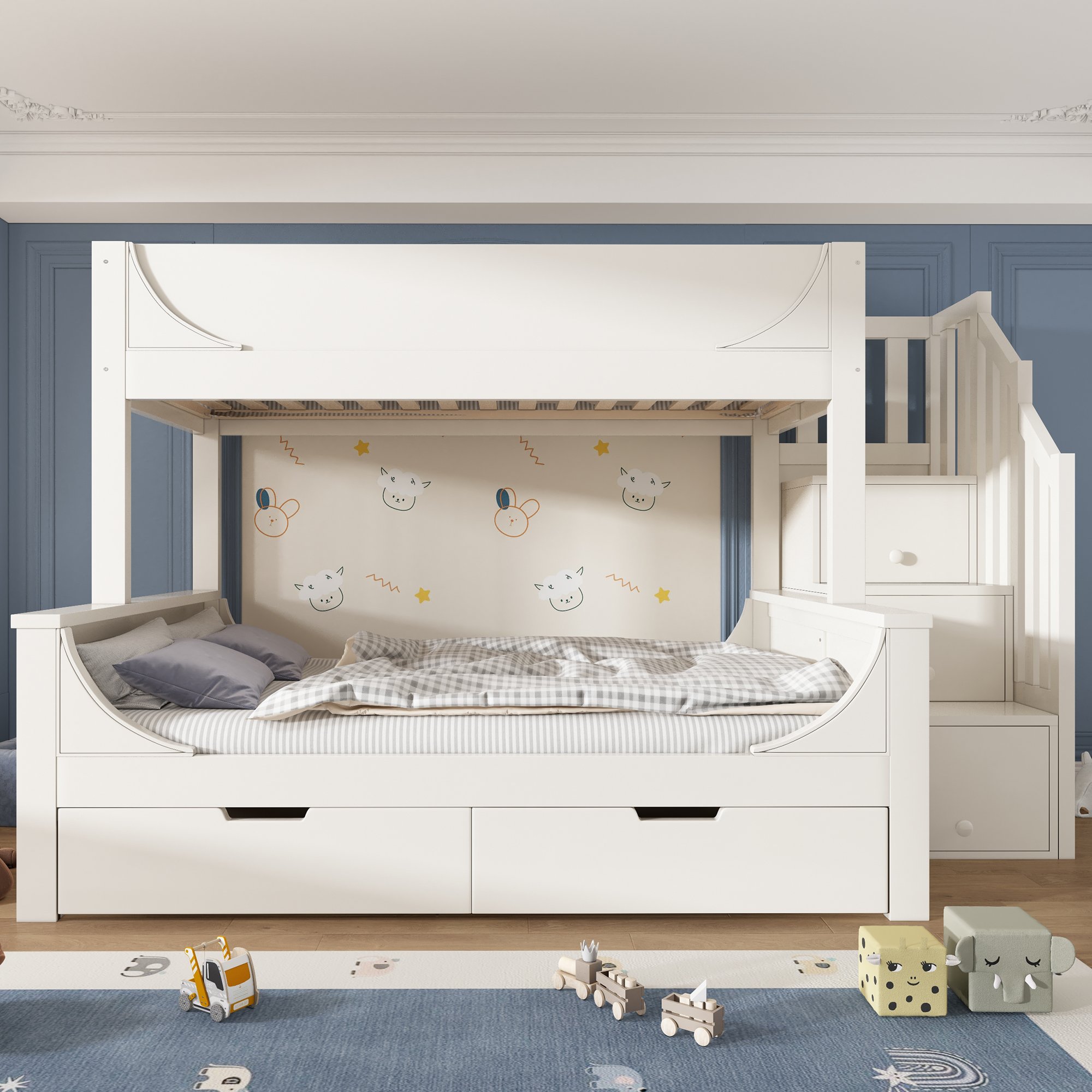 Lit superposé enfant blanc en bois massif et métal avec escalier armoire et tiroirs sous le lit double 90x200 et 140x200 cm