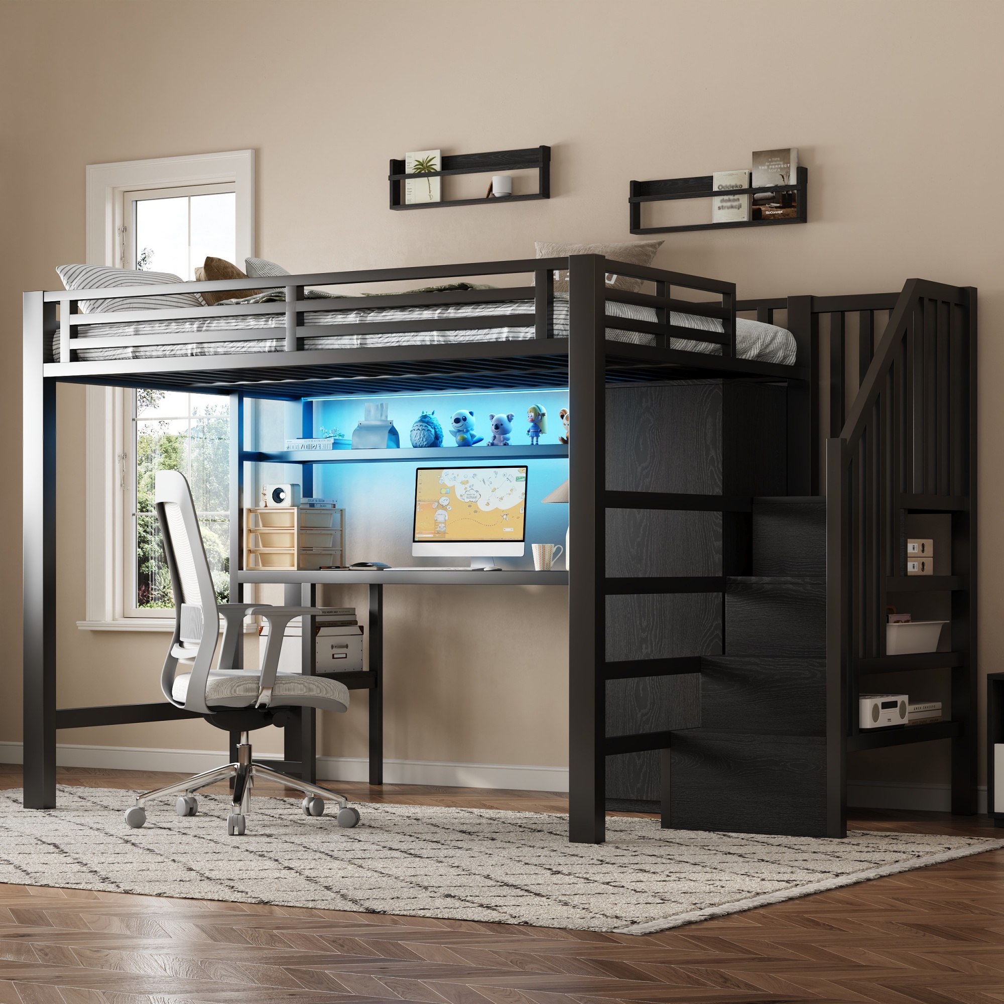 Lit mezzanine avec bureau intégré, armoire et échelle de rangement, 140x200