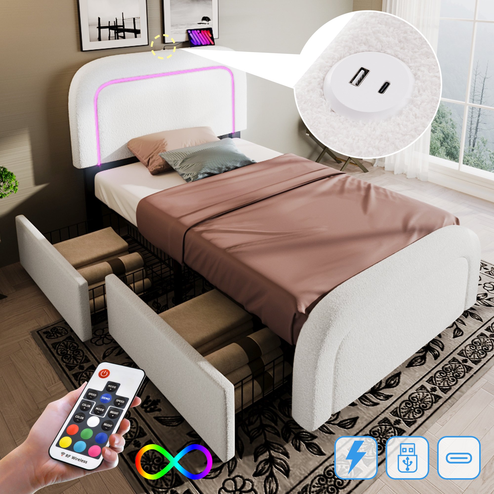 Lit LED 90x200 avec sommier à lattes, tête de lit rembourrée sherpa blanc, USB Type-C et 2 tiroirs de rangement