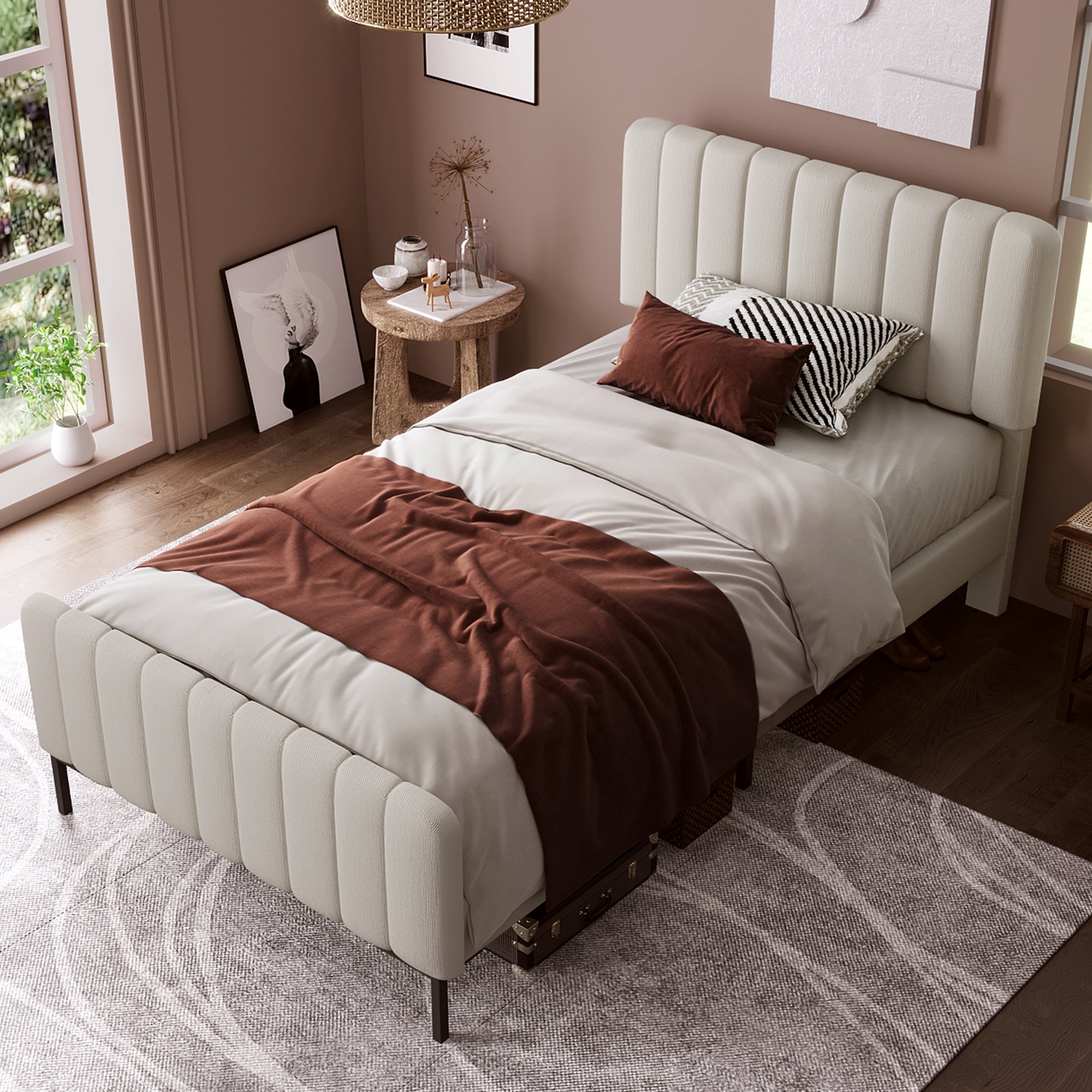 Lit rembourré 140x200, cadre de lit simple 90x200 gris beige avec tête de lit ajustable