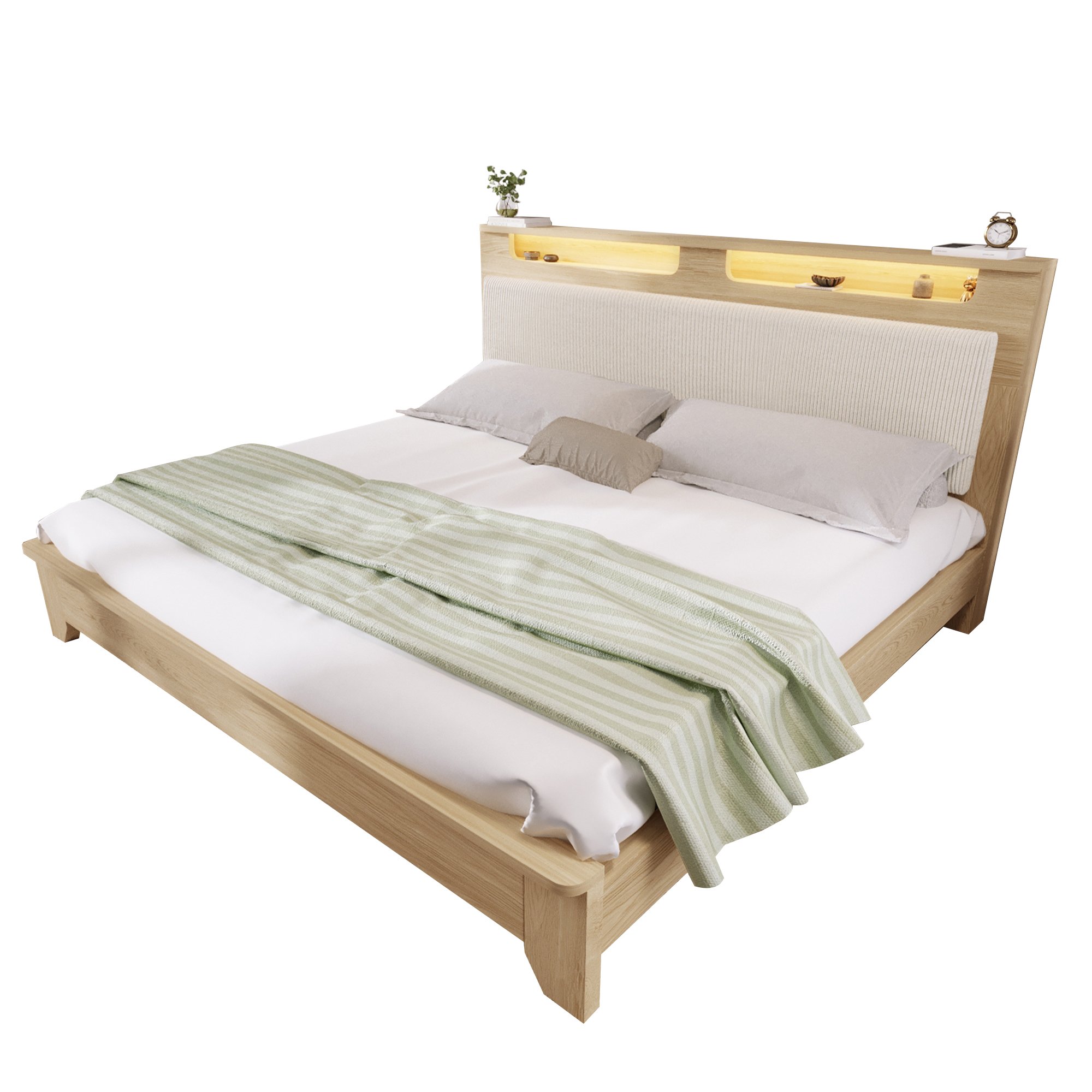 Lit coffre 140x200 structure bois clair et tête de lit capitonnée corduroy beige, sommier à lattes et LED
