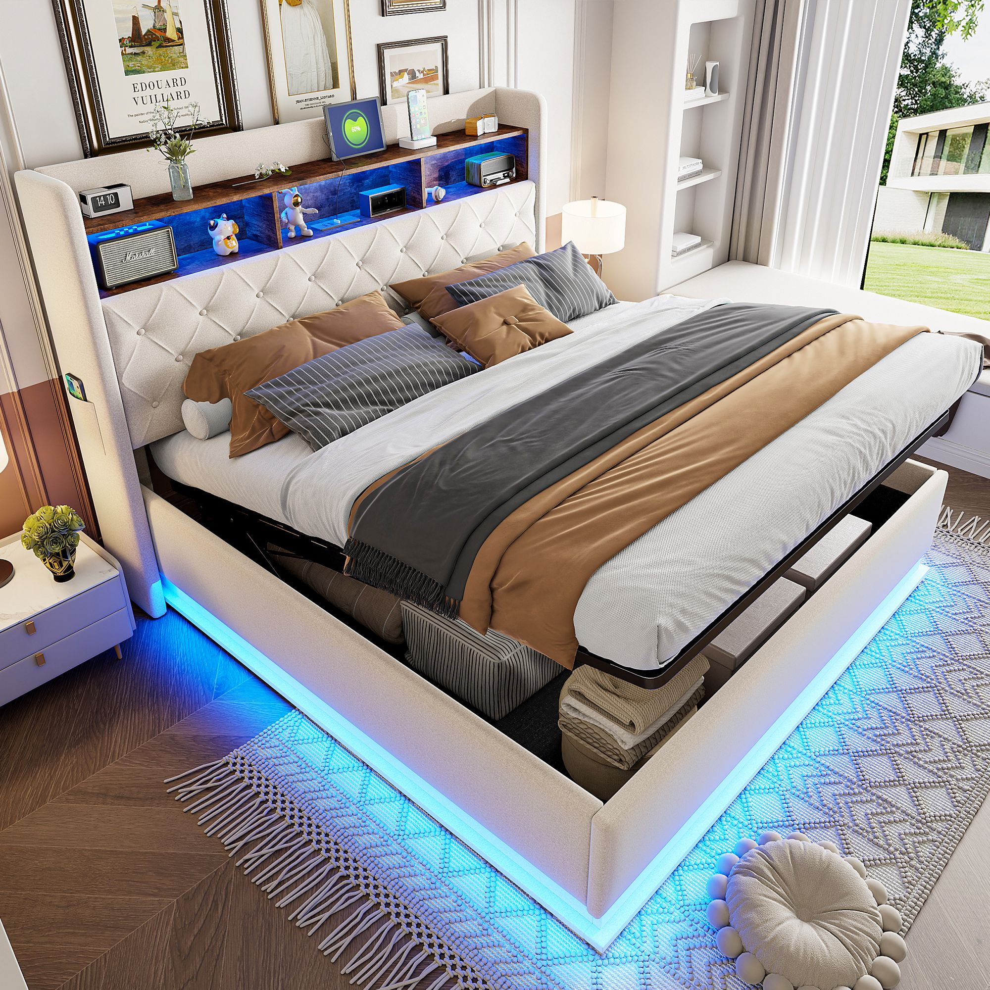 Lit coffre 180x200 en lin beige avec rangement hydraulique, LED et ports USB