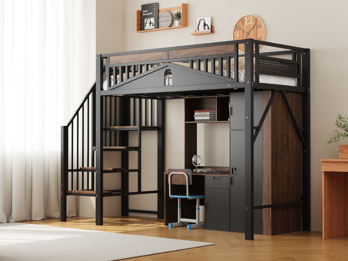 Lit mezzanine 90x200 cm en métal noir avec échelle de sécurité et rangement