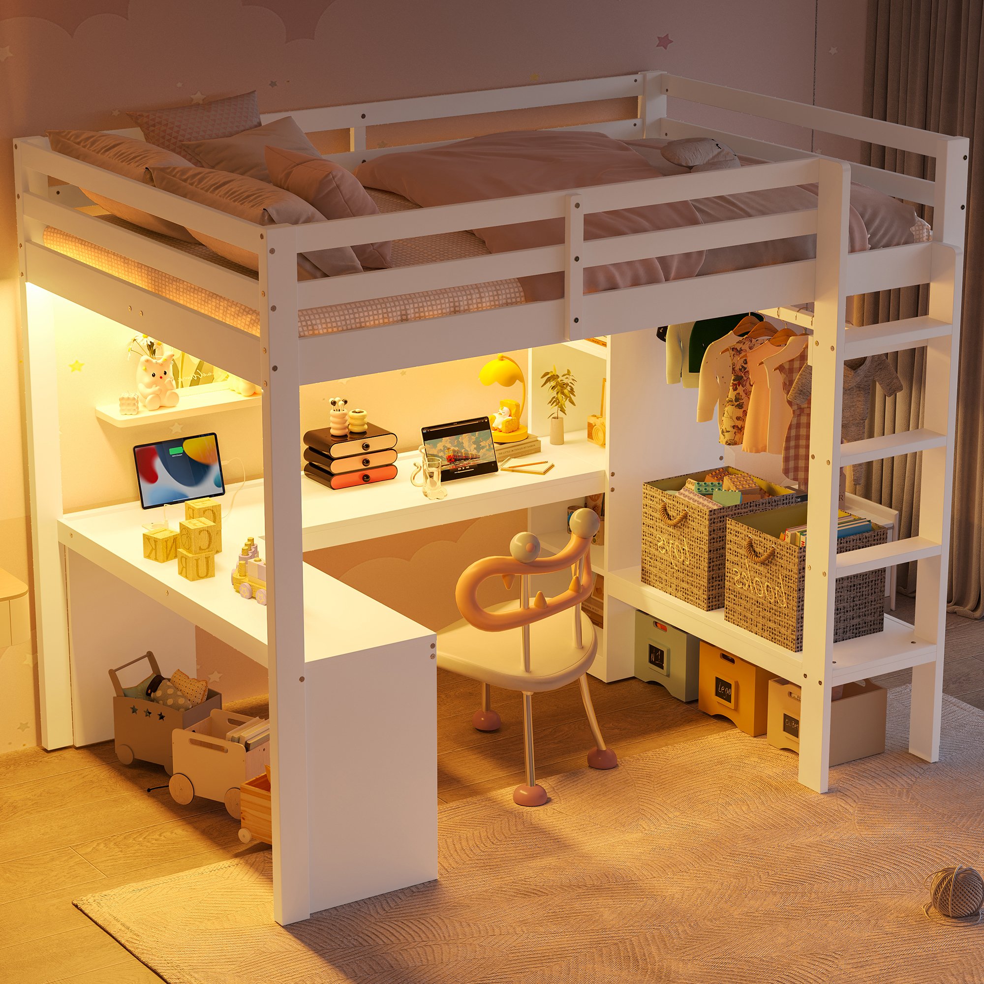 Lit mezzanine 140x200 en bois massif et Panneau composite de fibres de bois à densité, blanc, avec bureau et LED