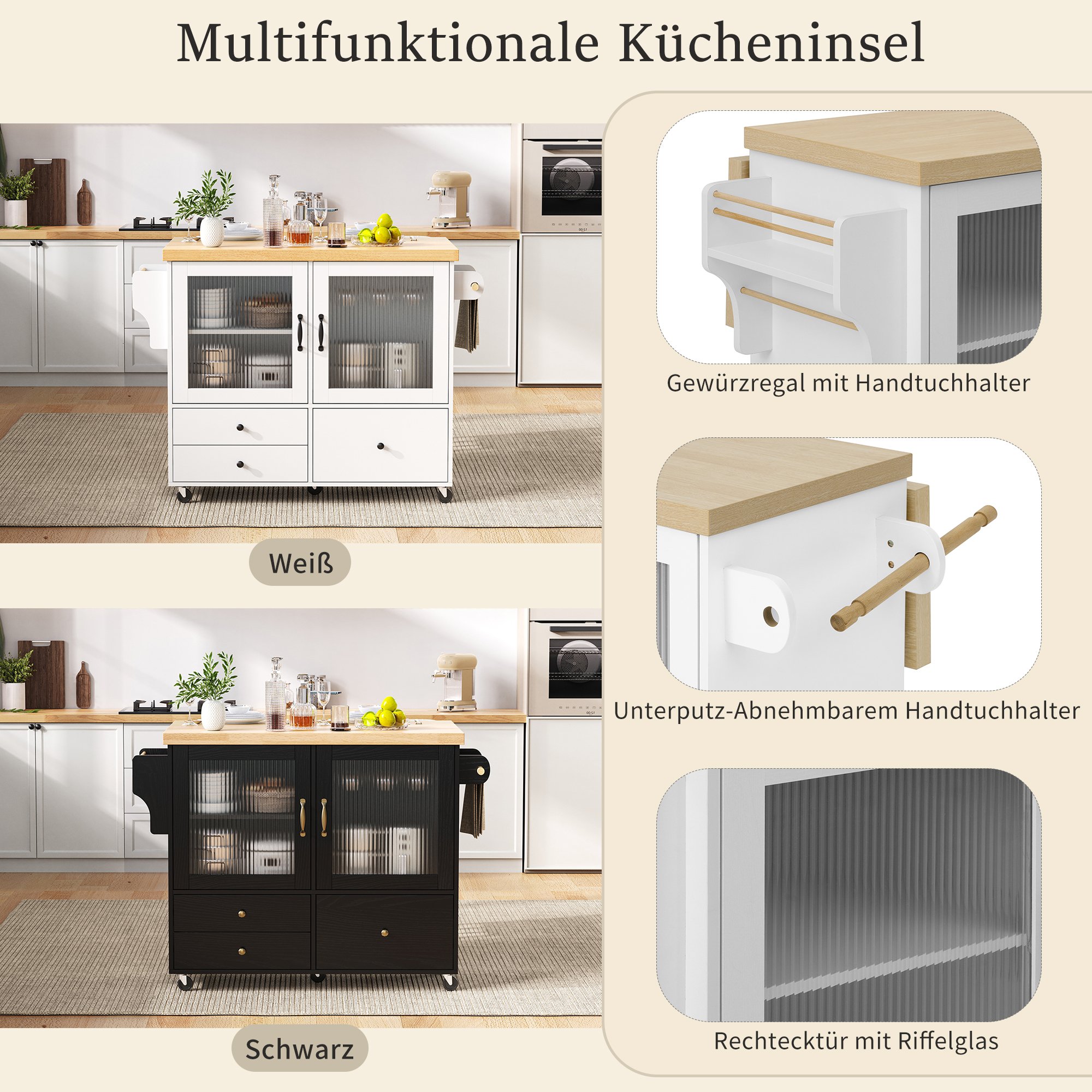 Îlot de cuisine 100x42x91,5 cm avec plan de travail extensible, rangement, porte-verres, sur roulettes, blanc, Panneau composite de fibres de bois à densité