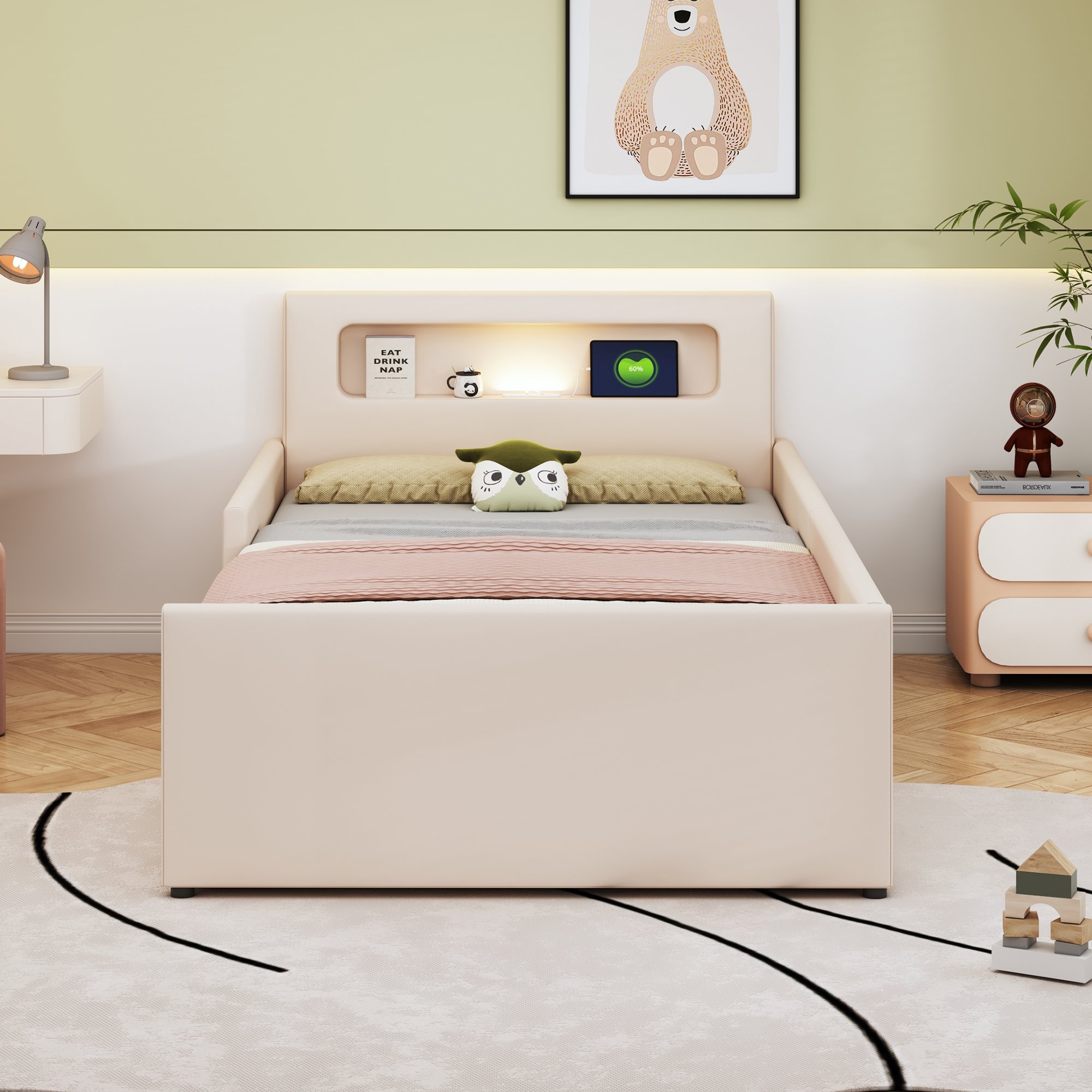 Lit enfant rembourré en simili cuir beige, structure métal et bois, 90x200, avec rangement