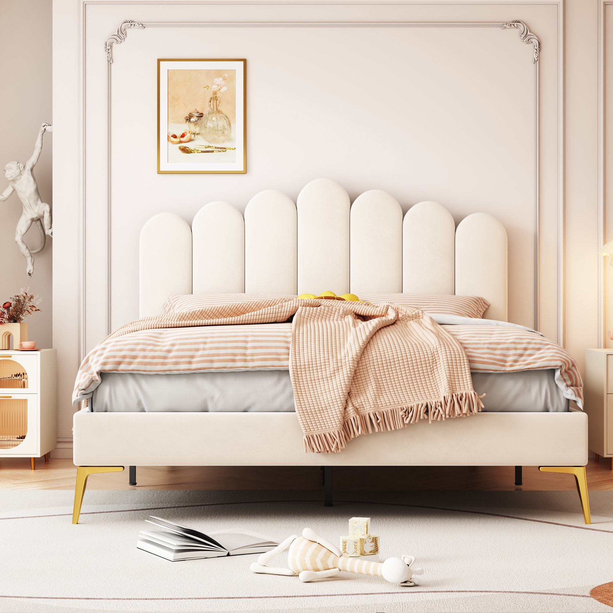 Lit rembourré 140x200 en velours beige, structure Panneau composite de fibres de bois à densité et métal, avec sommier