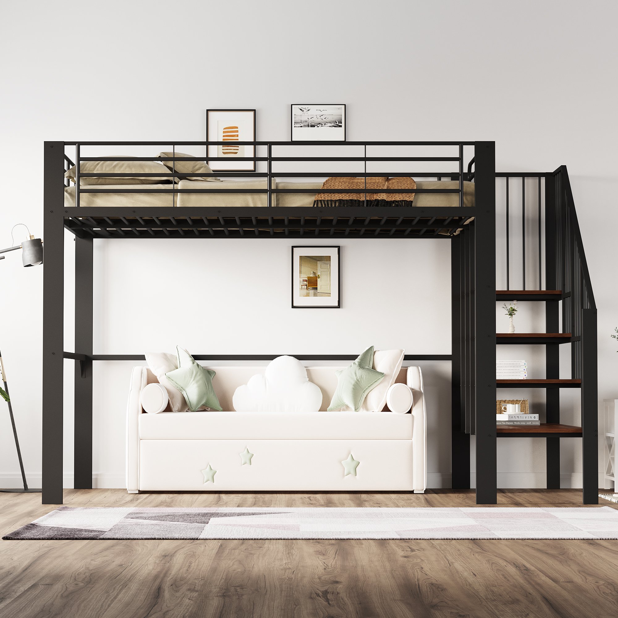 Lit mezzanine 140x200 en métal et bois avec rangement et escalier, noir