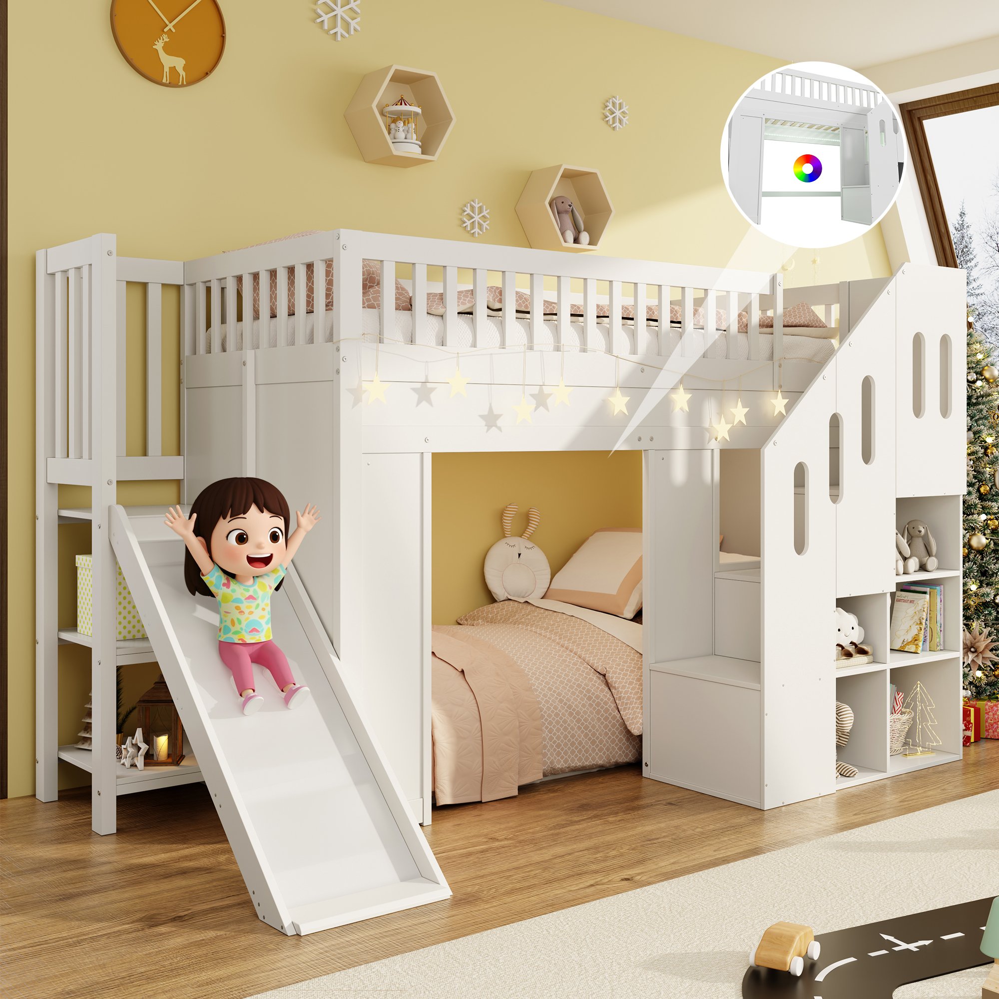 Lit superposé enfant 90x200 cm en bois massif blanc avec toboggan, escalier de rangement et barrière de sécurité